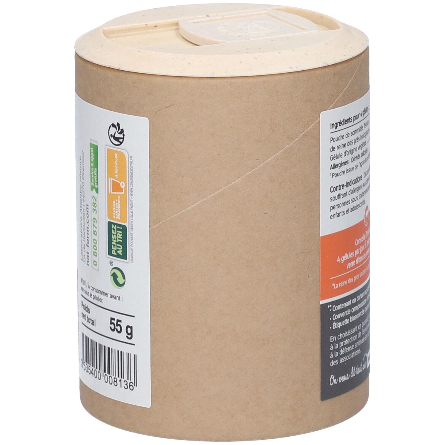 Dose mit Etikett, Gewicht 55g. Barcode. Text: Nat&Form. Recycling-Symbol.