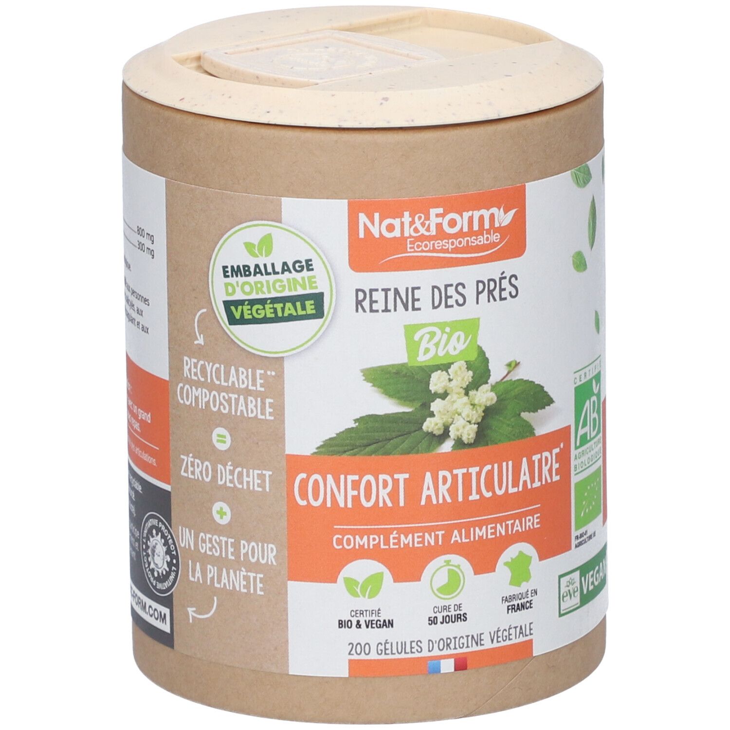 Zylindrische Dose mit Nat&Form-Etikett. Aufschrift: Reine des Prés Bio, Confort Articulaire. Vegan, AB-Zertifizierung.