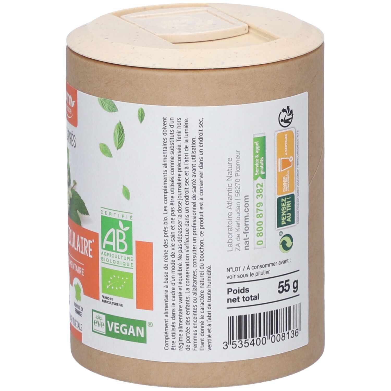 Rückseite der Dose mit Text und Zertifizierungen. Gewicht 55g. Barcode. Text: Nat&Form. AB-Zertifizierung.