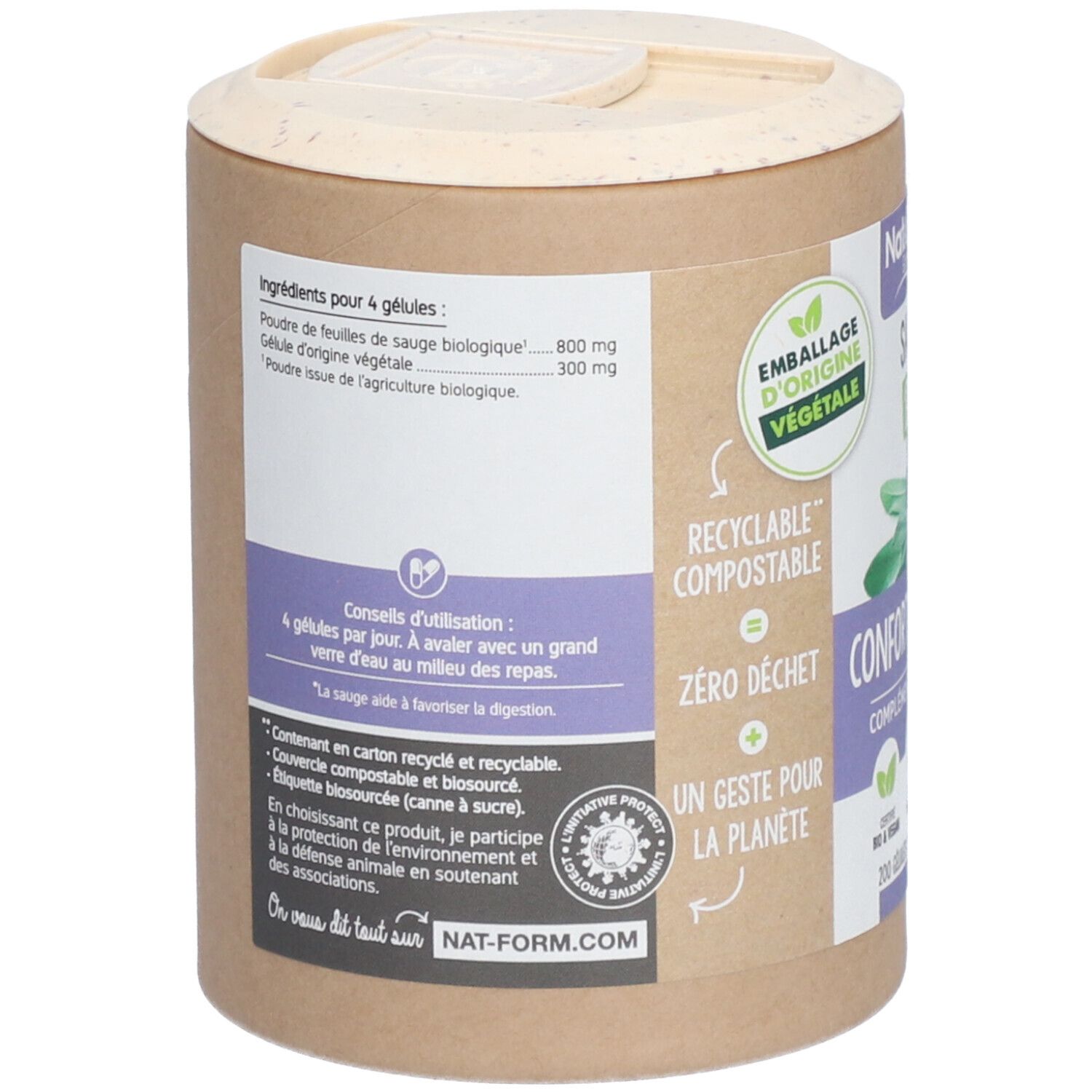Dos de la boîte. Liste des ingrédients, conseils d'utilisation. Labels: Emballage d'origine végétale, Recyclable compostable, Zero déchet. Adresse du site web.