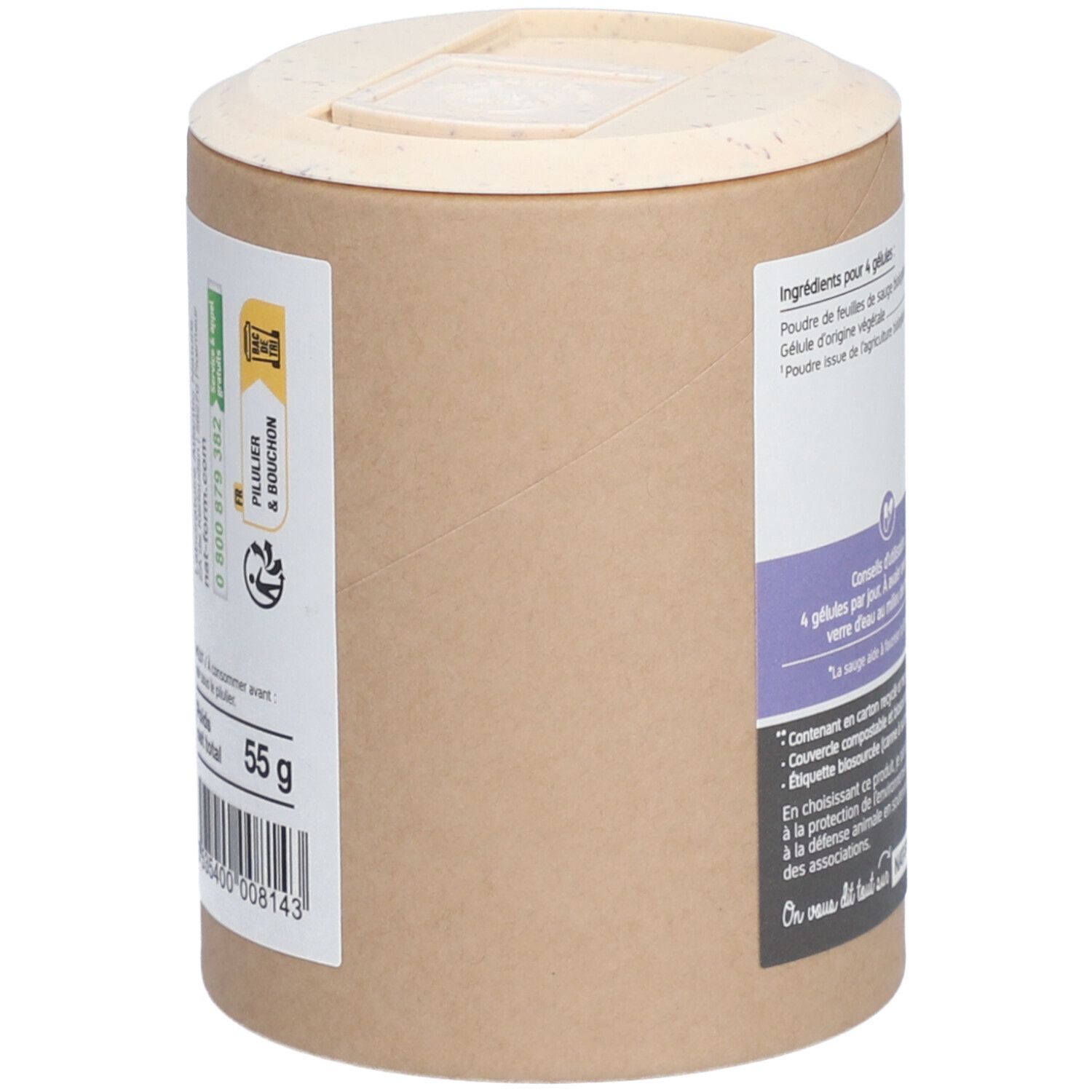Dos de la boîte. Informations sur les ingrédients et le poids. Labels: AB, Vegan. Code-barres et coordonnées.