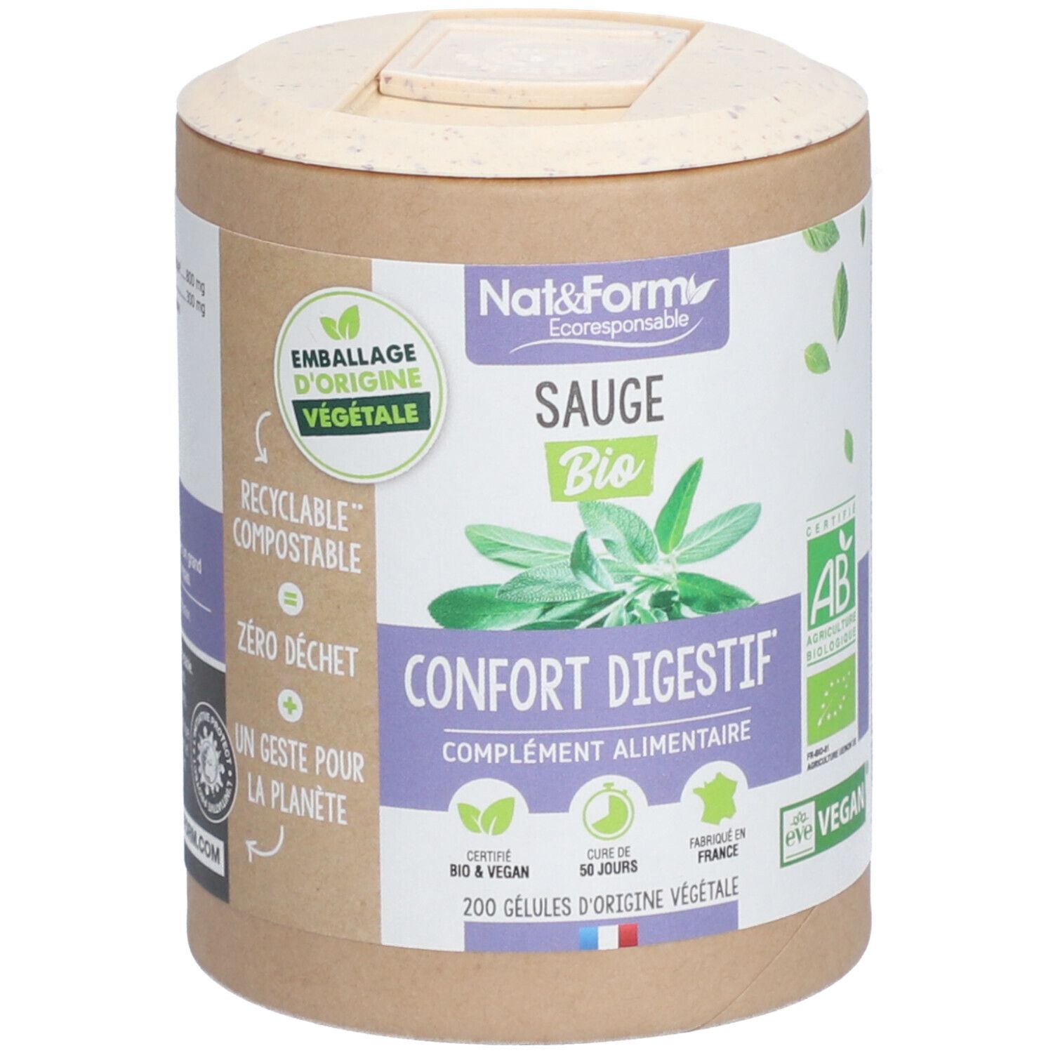Boîte cylindrique avec couvercle. Inscription: Nat&Form Sauge Bio, Confort Digestif, complément alimentaire. Labels: AB, Vegan, Emballage d'origine végétale.