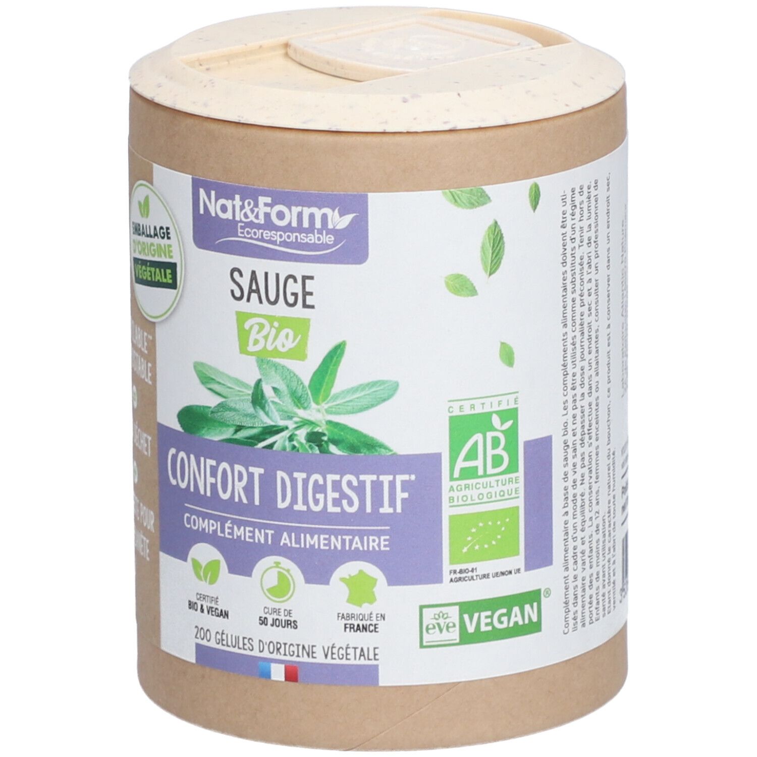 Boîte cylindrique avec couvercle. Inscription: Nat&Form Sauge Bio, Confort Digestif, complément alimentaire. Labels: AB, Vegan, Emballage d'origine végétale.