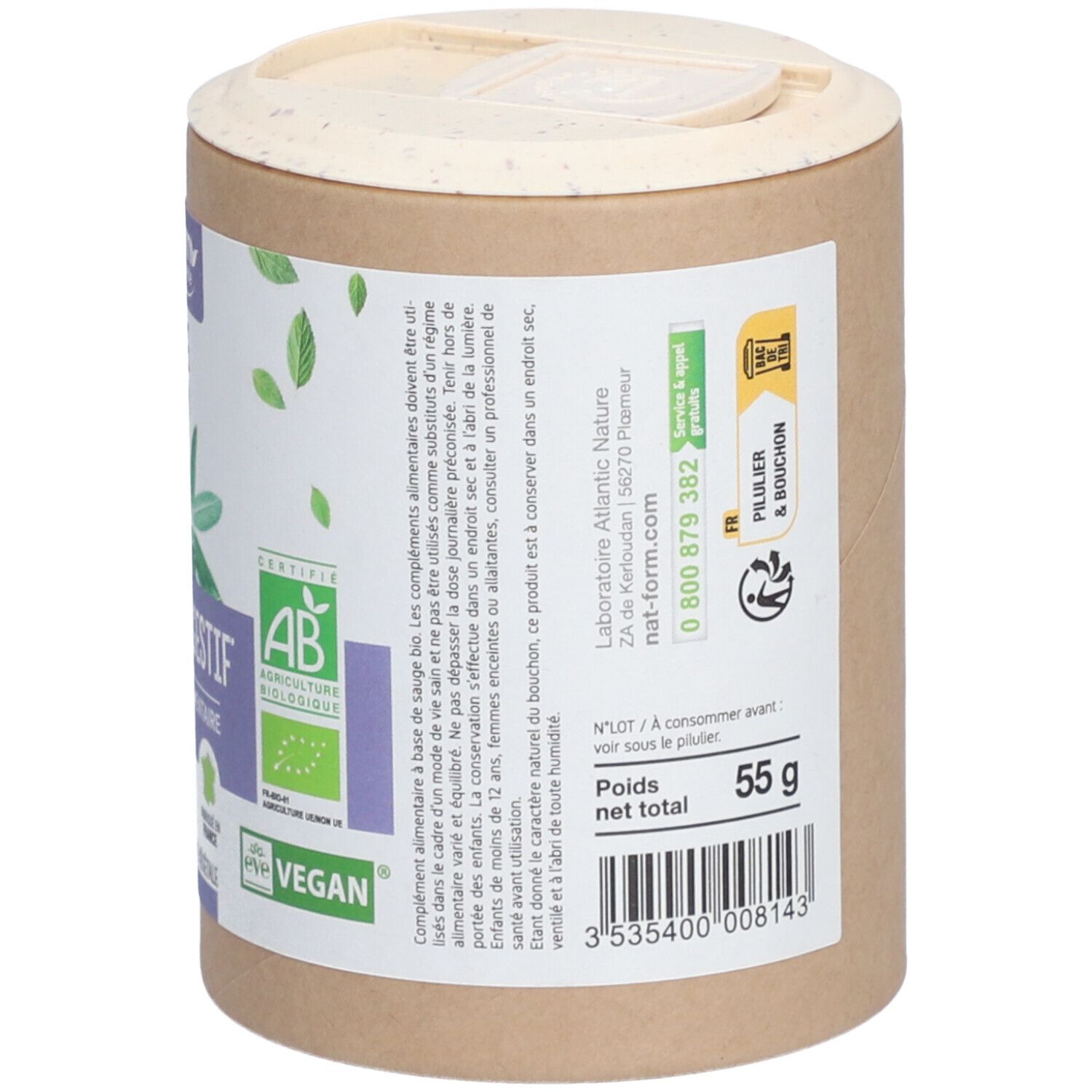 Dos de la boîte. Informations sur les ingrédients et le poids. Labels: AB, Vegan. Code-barres et coordonnées.