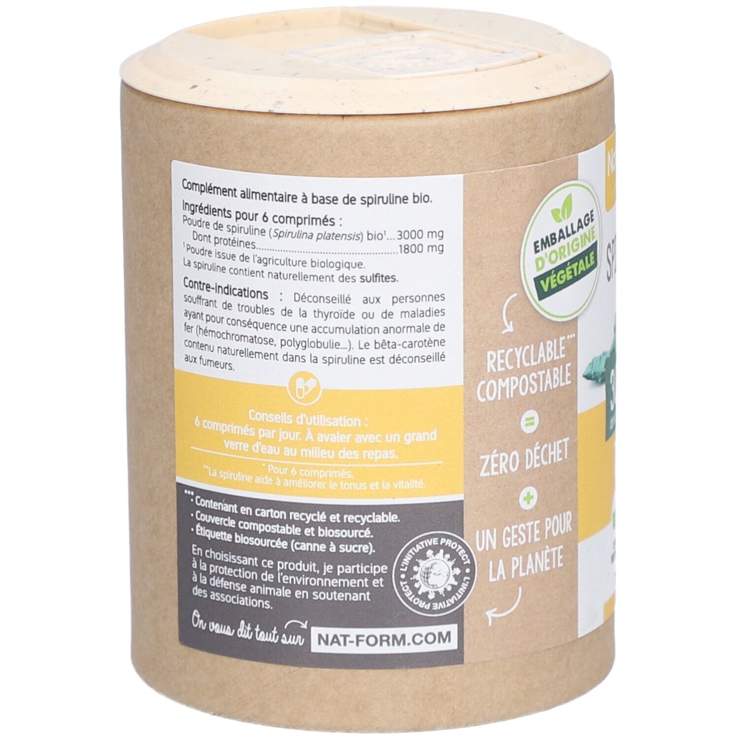 Dos de la boîte de Spiruline Bio. Liste des ingrédients, mode d'emploi, informations sur le recyclage et la durabilité. Adresse du site web.