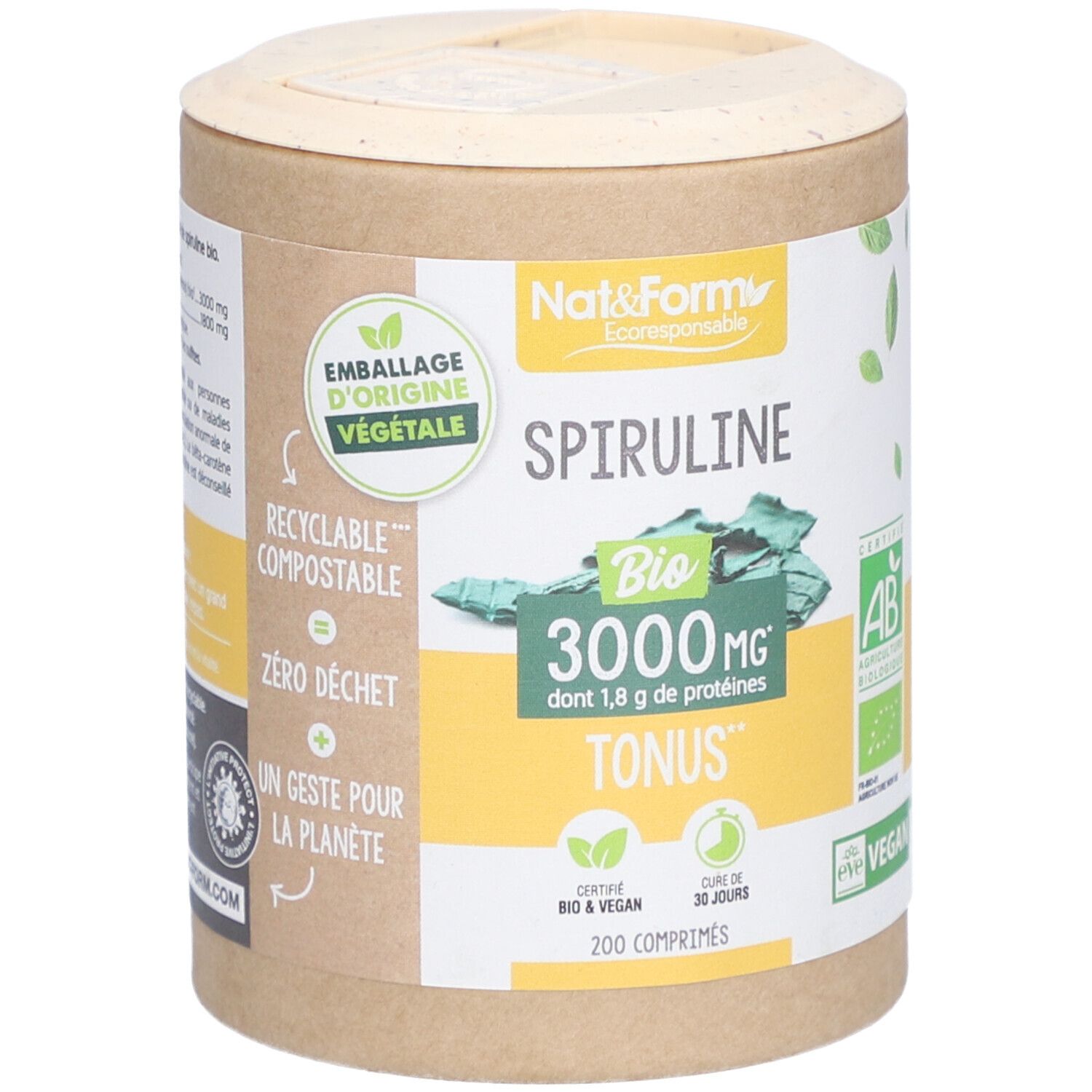 Boîte cylindrique de Spiruline Bio. Inscription: Nat & Form, Spiruline Bio, 3000 mg, 200 comprimés. Label Vegan.
