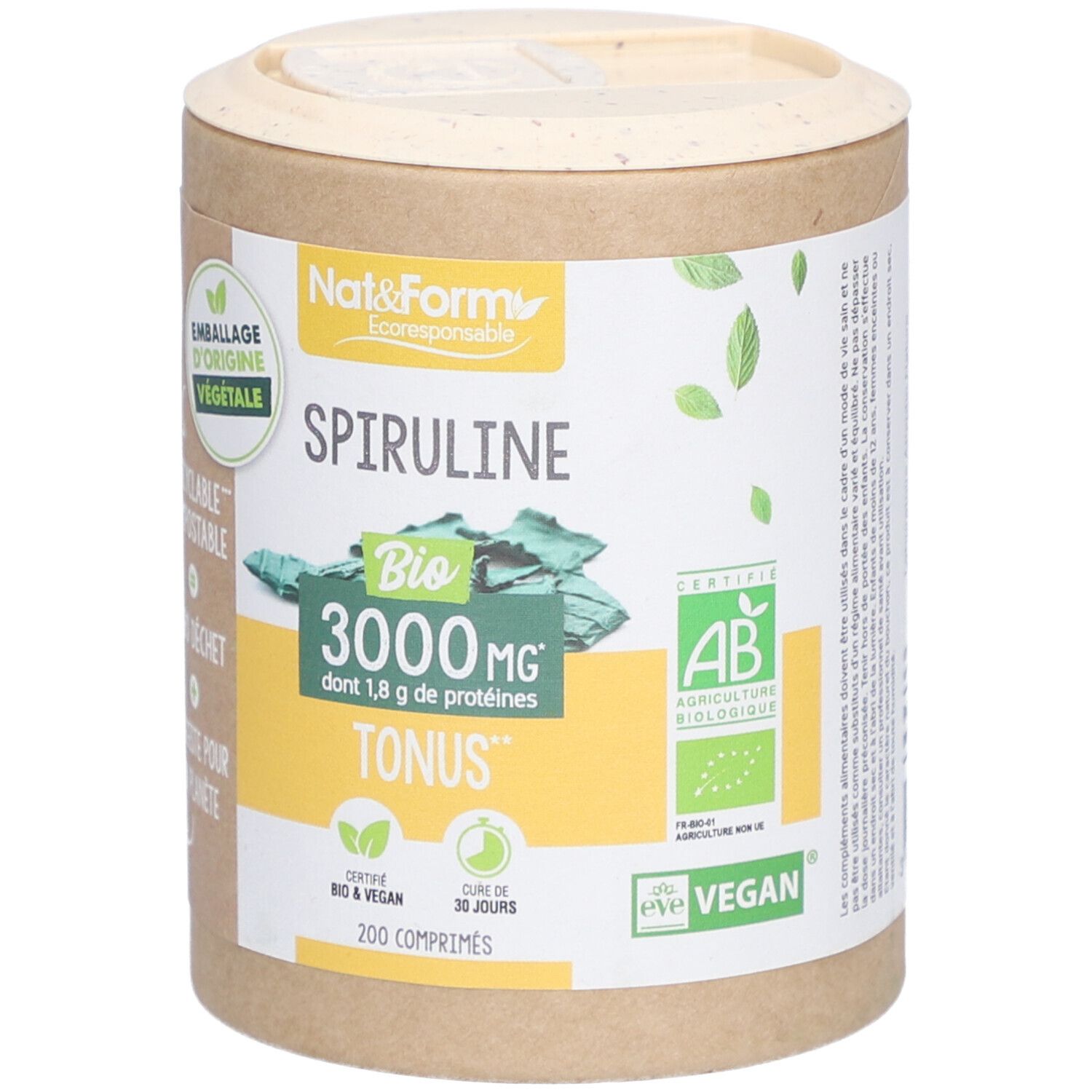 Boîte cylindrique de Spiruline Bio. Inscription: Nat & Form, Spiruline Bio, 3000 mg, 200 comprimés. Label Vegan.
