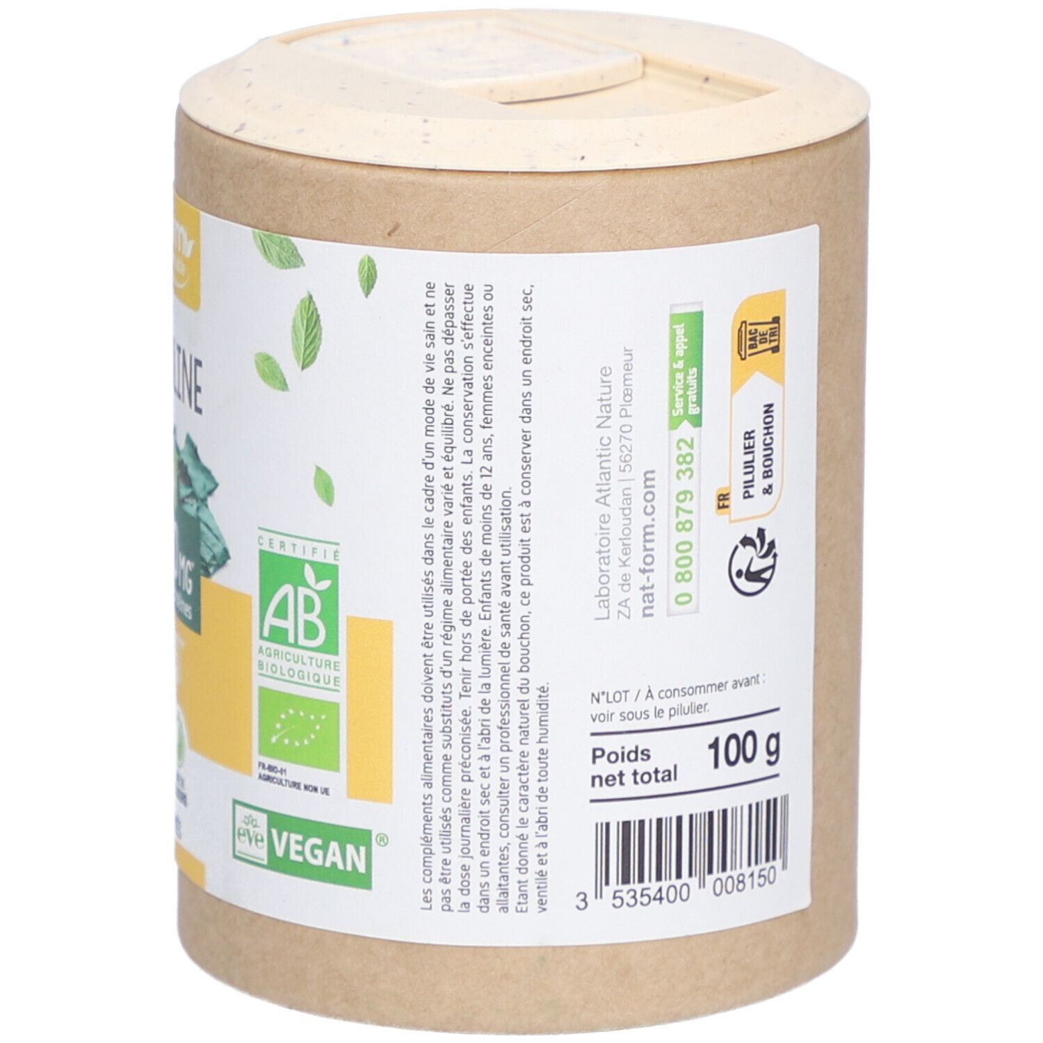 Vue latérale de la boîte de Spiruline Bio. Poids : 100 g. Code-barres. Couvercle et boîte en carton. Inscription : Nat-Form.