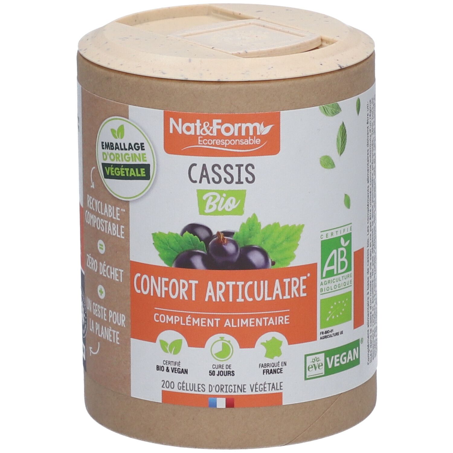 Zylindrische Dose mit Deckel. Aufschrift: Nat&Form Cassis Bio, Confort Articulaire, 200 Gelules. AB-Zertifizierung.