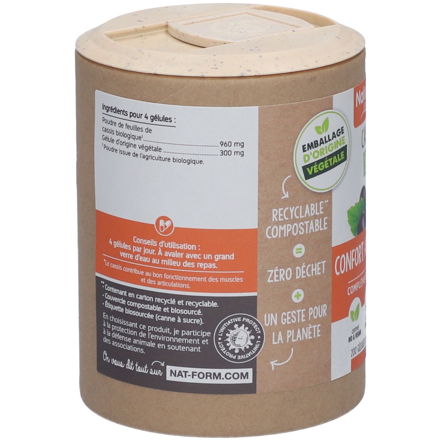 Zylindrische Dose mit Deckel. Rückseite mit Zutatenliste und Verwendungsratschlägen. Recycelbare Verpackung.