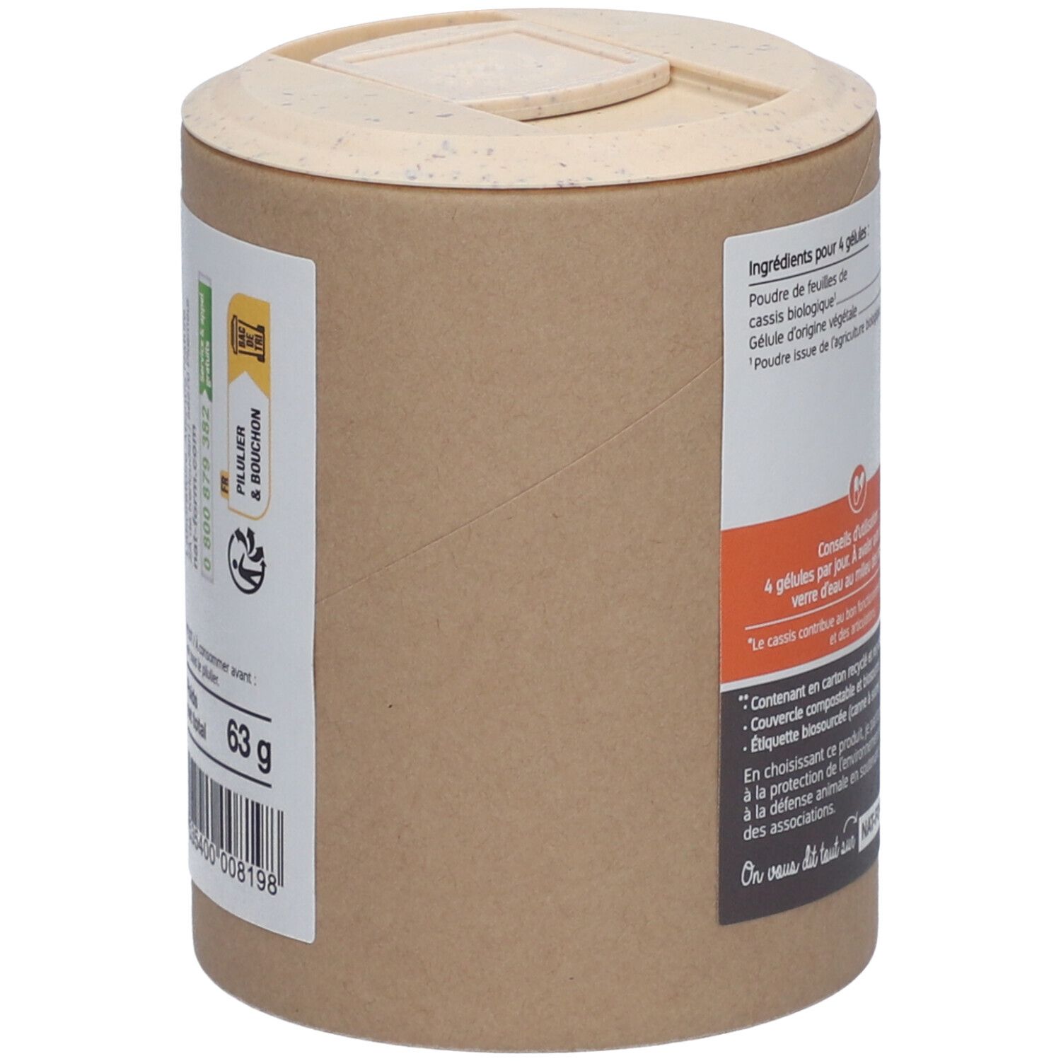 Zylindrische Dose mit Deckel. Aufschrift: 63g. Informationen zu Inhaltsstoffen und Recycling.