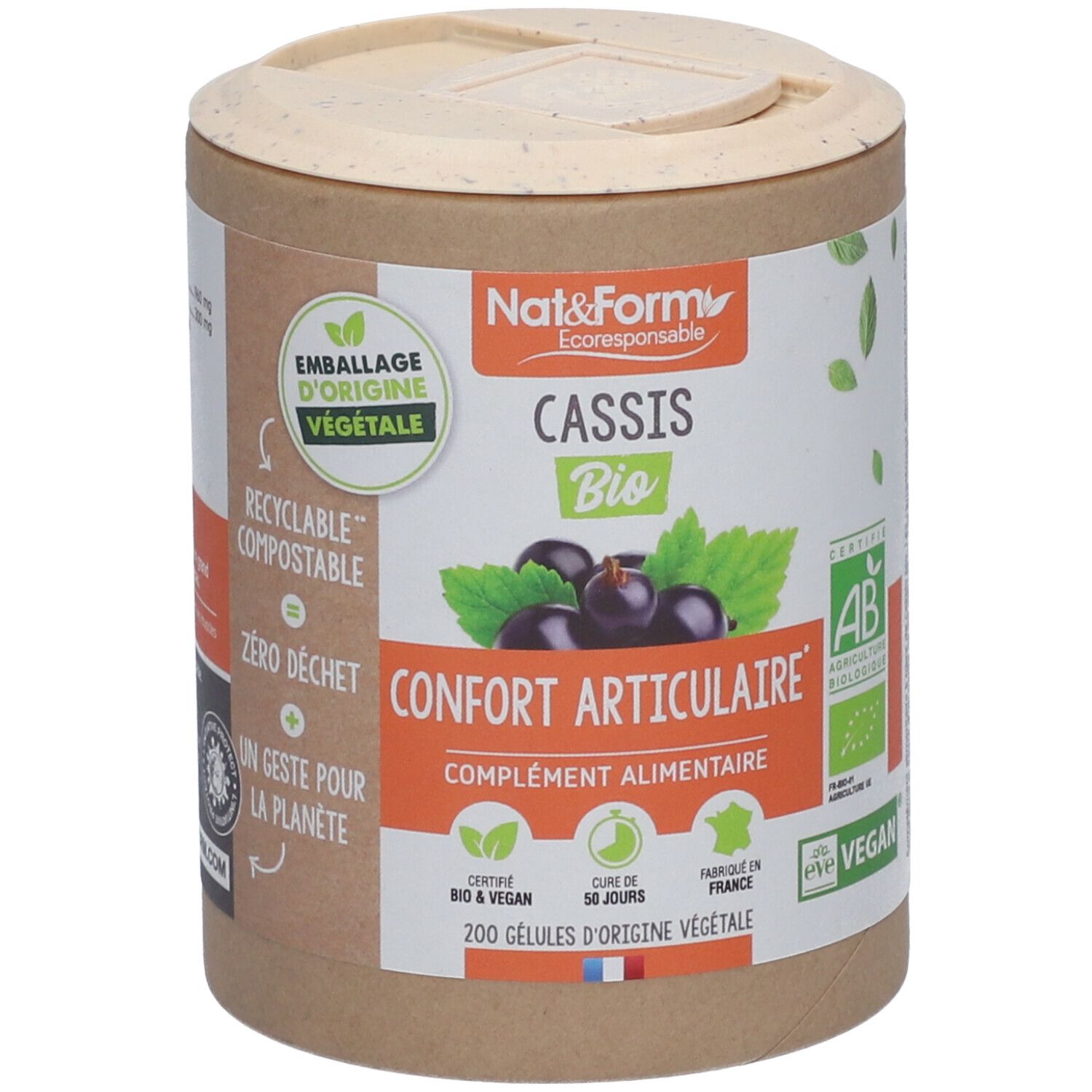Zylindrische Dose mit Deckel. Aufschrift: Nat&Form Cassis Bio, Confort Articulaire, 200 Gelules. AB-Zertifizierung.