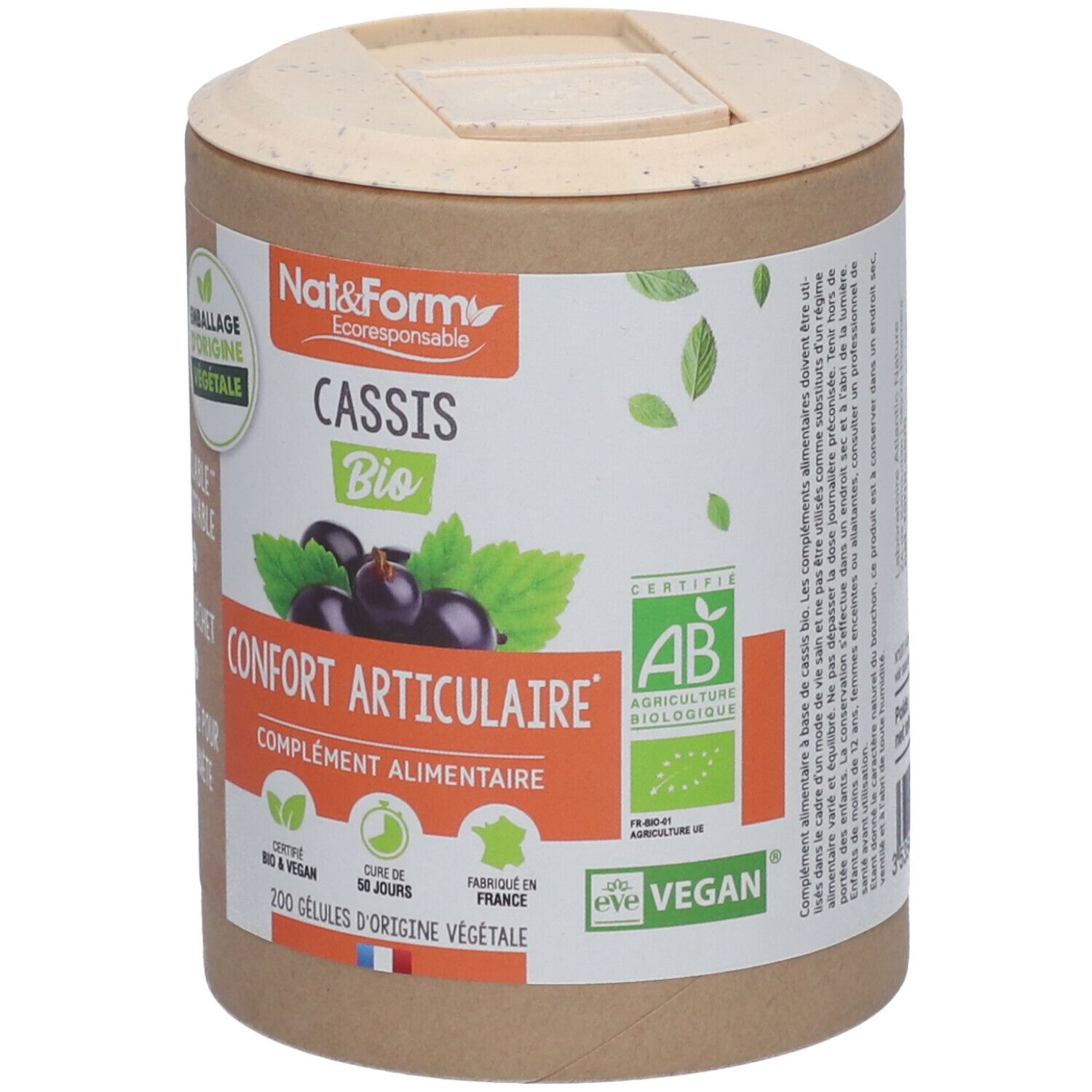 Zylindrische Dose mit Deckel. Aufschrift: Nat&Form Cassis Bio, Confort Articulaire, 200 Gelules. AB-Zertifizierung.