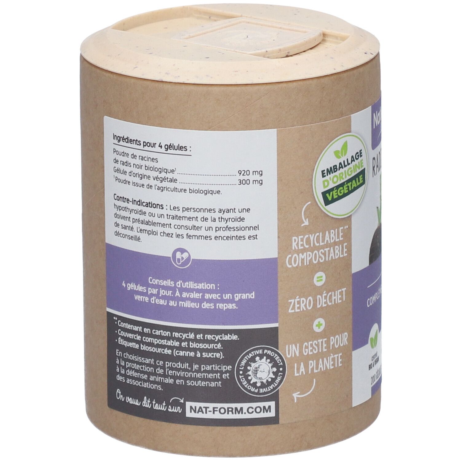 Dos de l'emballage. Liste des ingrédients, mode d'emploi. Texte: Emballage d'origine végétale, Recyclable compostable.