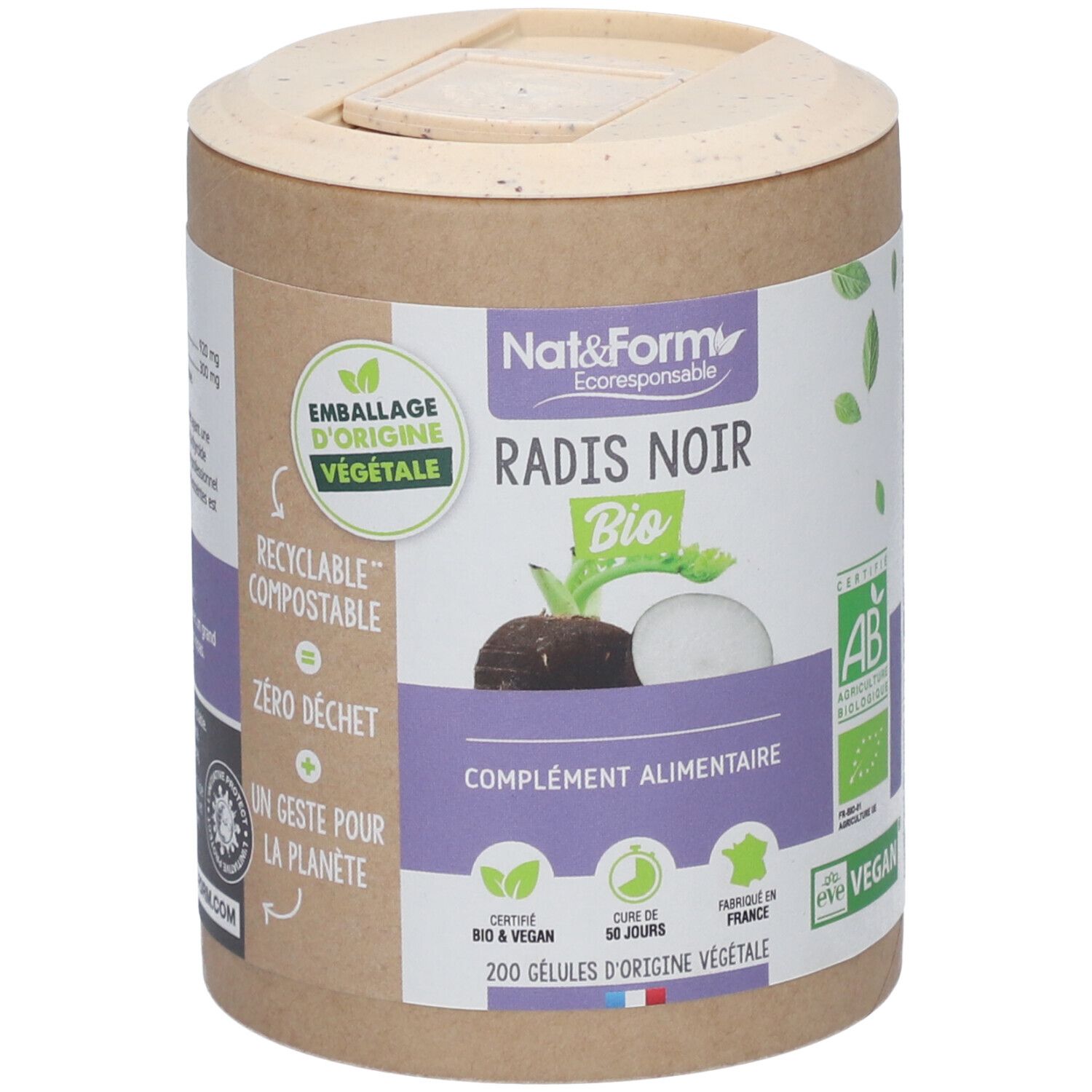 Emballage cylindrique avec étiquette. Inscription: Radis Noir Bio, complément alimentaire. Labels AB et Vegan.
