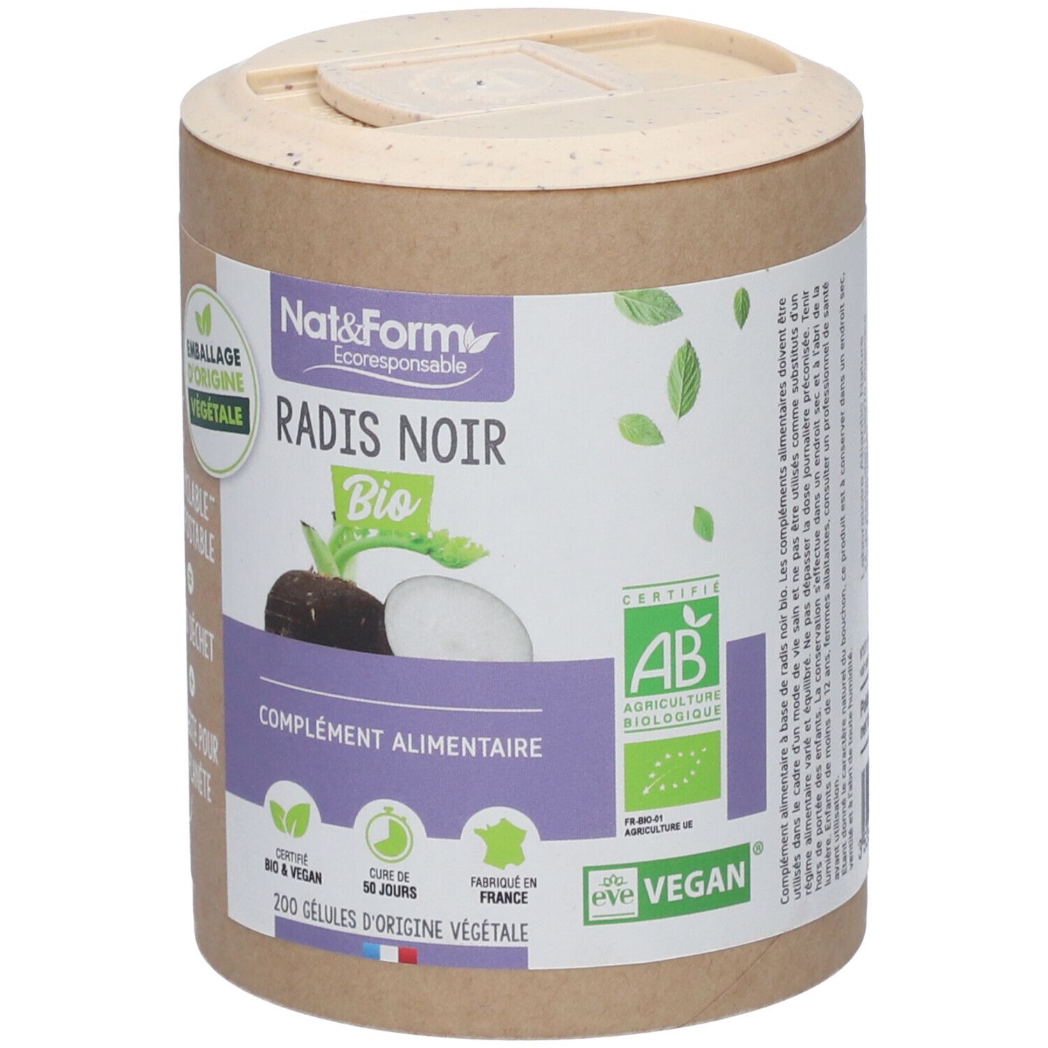 Emballage cylindrique avec étiquette. Inscription: Radis Noir Bio, complément alimentaire. Labels AB et Vegan.