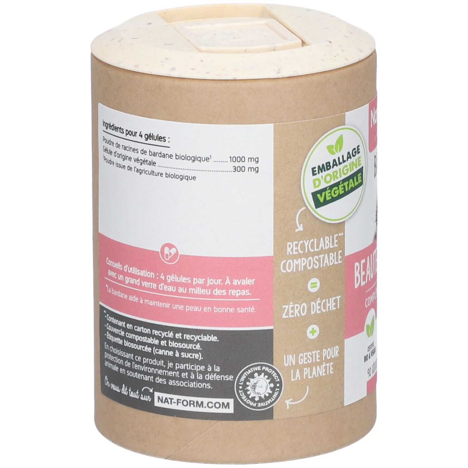 Dos de la boîte. Liste des ingrédients, conseils d'utilisation. Inscription: Recyclable, compostable, zéro déchet. Logo Nat-Form.