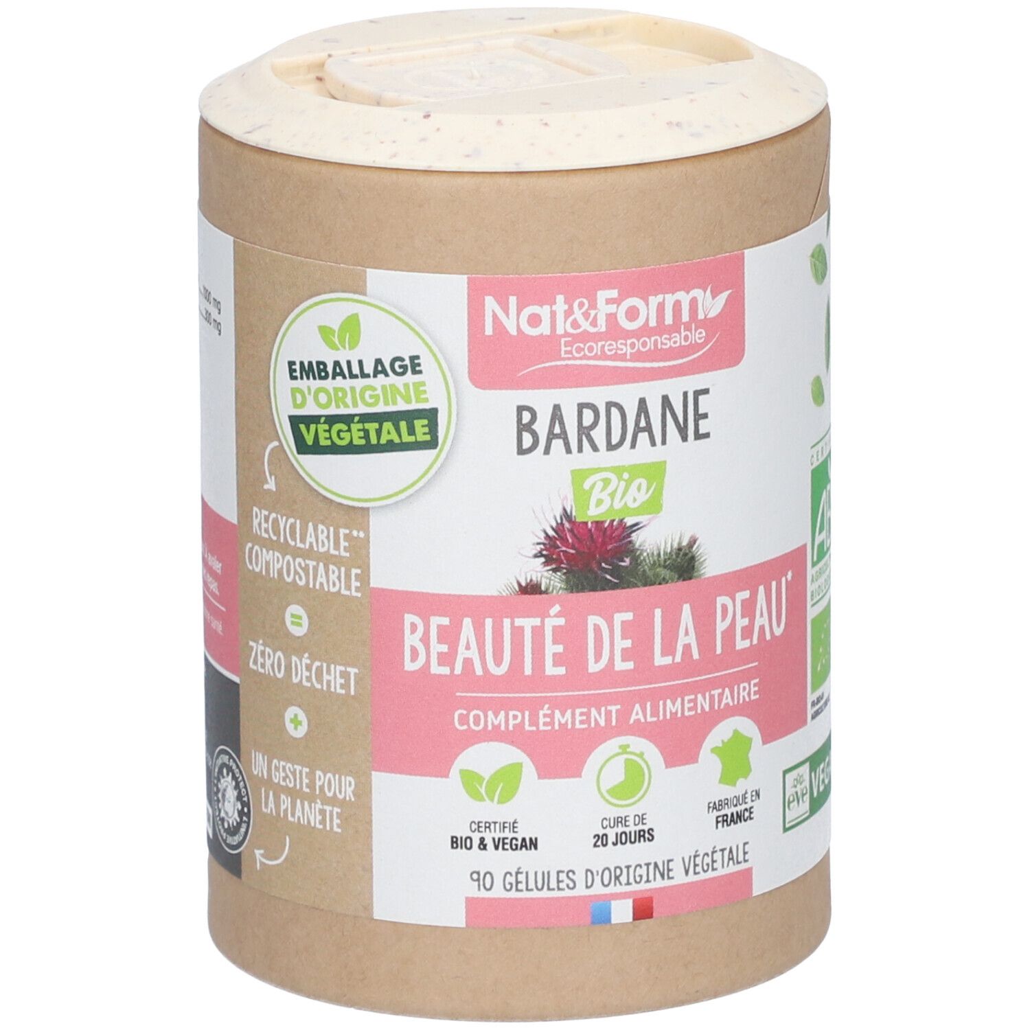 Boîte cylindrique avec couvercle. Inscription: Nat&Form Bardane Bio, Beauté de la Peau, 90 gélules. Certifications: Bio, Vegan.