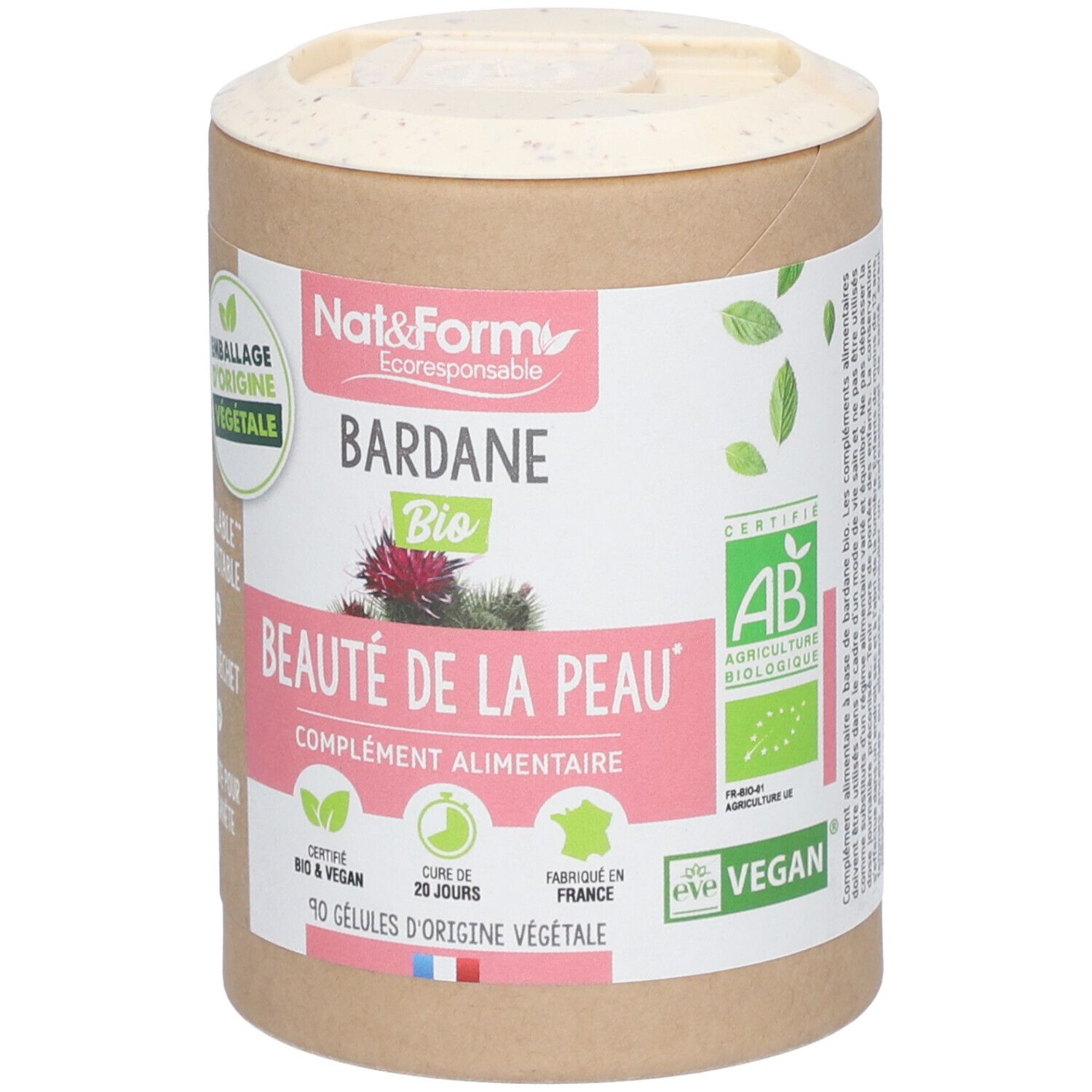 Boîte cylindrique avec couvercle. Inscription: Nat&Form Bardane Bio, Beauté de la Peau, 90 gélules. Certifications: Bio, Vegan.