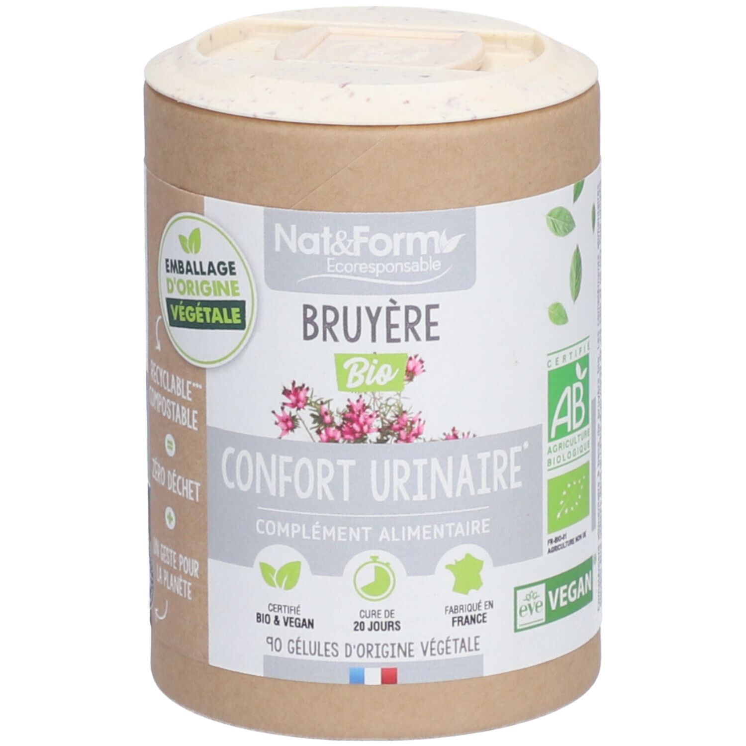 Zylindrische Dose mit Nat&Form Bio Bruyère. Aufschrift: Confort Urinaire, complément alimentaire. Vegan, AB-Zertifizierung.