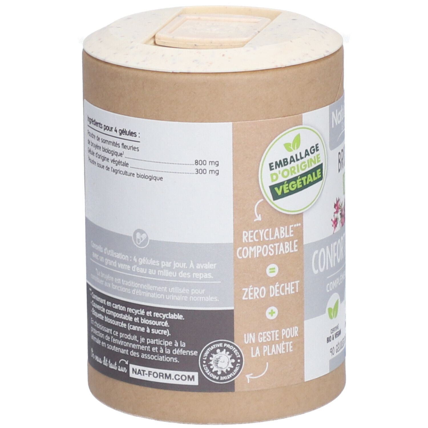 Rückseite der zylindrischen Dose. Zutatenliste, Hinweise zur Verwendung. Verpackung aus pflanzlicher Herkunft, recycelbar, kompostierbar.