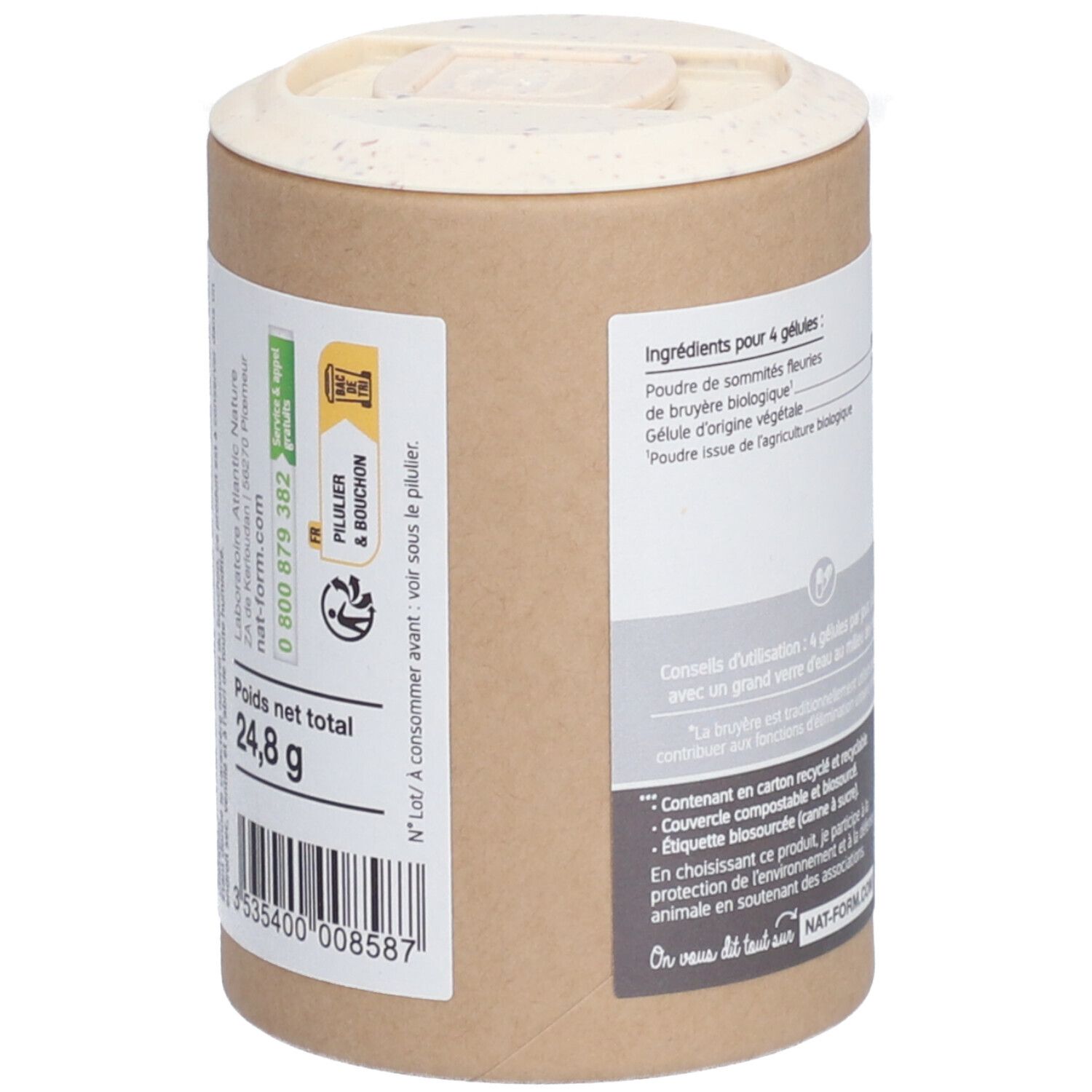 Zylindrische Dose, Seitenansicht. Nettogewicht 24,8 g. Informationen zu Inhaltsstoffen und Hersteller. Recycling-Logo.