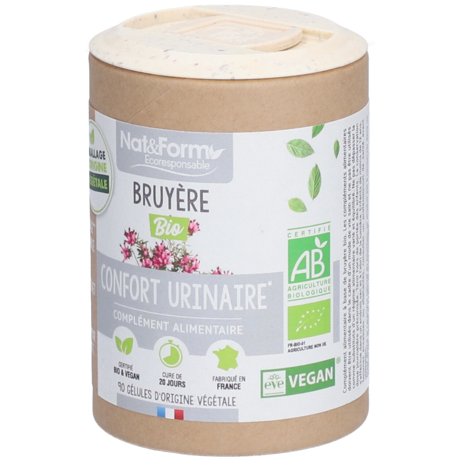 Zylindrische Dose Nat&Form Bio Bruyère. Aufschrift: Confort Urinaire, complément alimentaire. Vegan, AB-Zertifizierung.