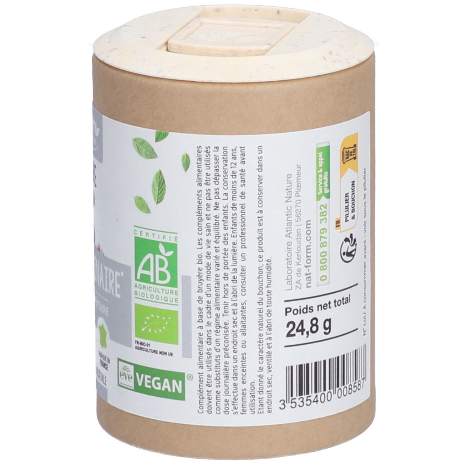 Rückseite der zylindrischen Dose. Zutatenliste, Hinweise zur Verwendung. Vegan, AB-Zertifizierung. Nettogewicht 24,8 g.