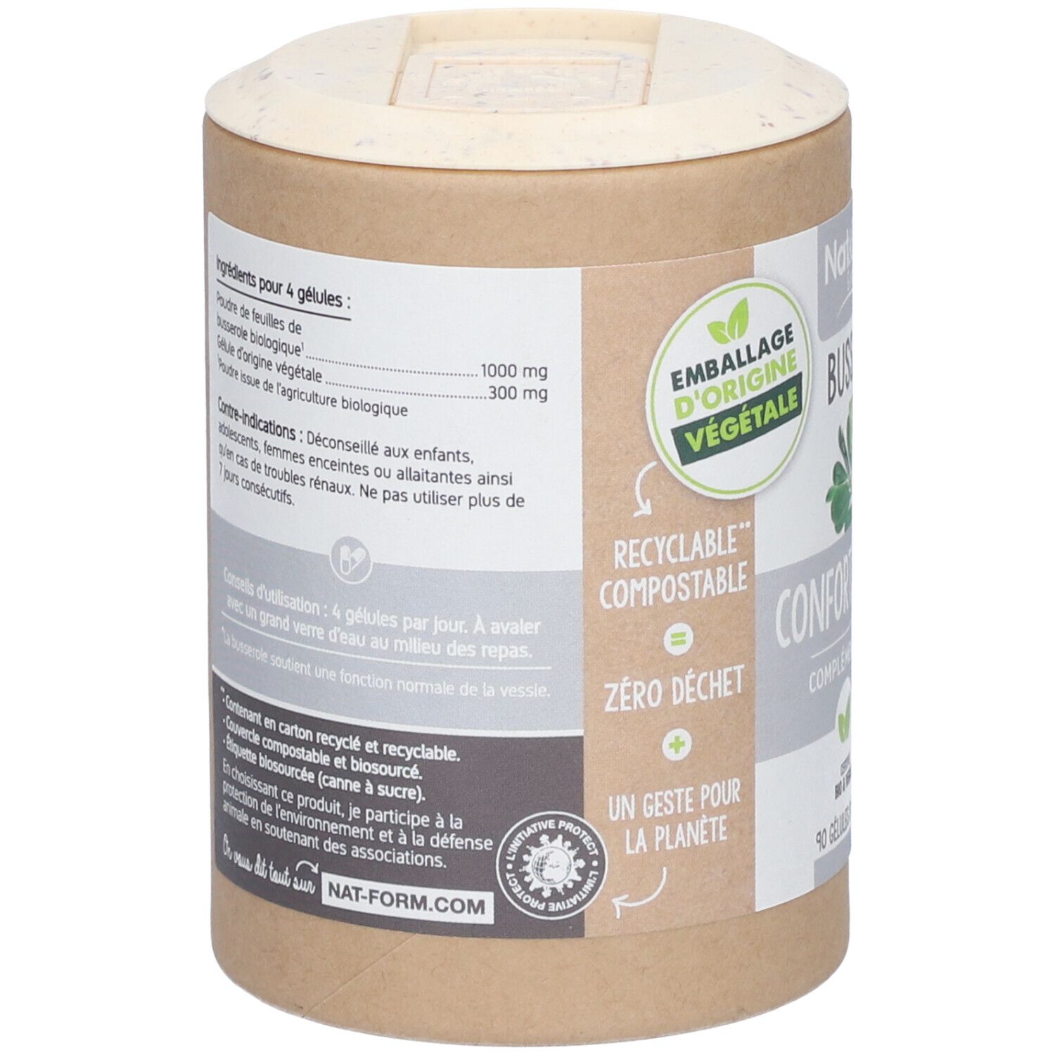 Dos de la boîte. Liste des ingrédients, mode d'emploi, avertissements. Emballage végétal, recyclable, compostable.