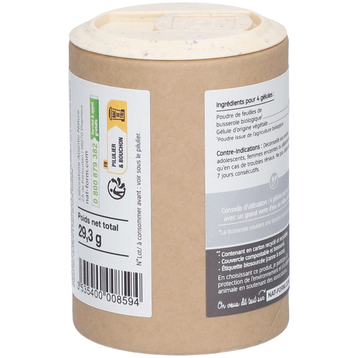 Boîte avec couvercle. Étiquette avec ingrédients, poids 29,3 g. Informations fabricant. Logo de recyclage.