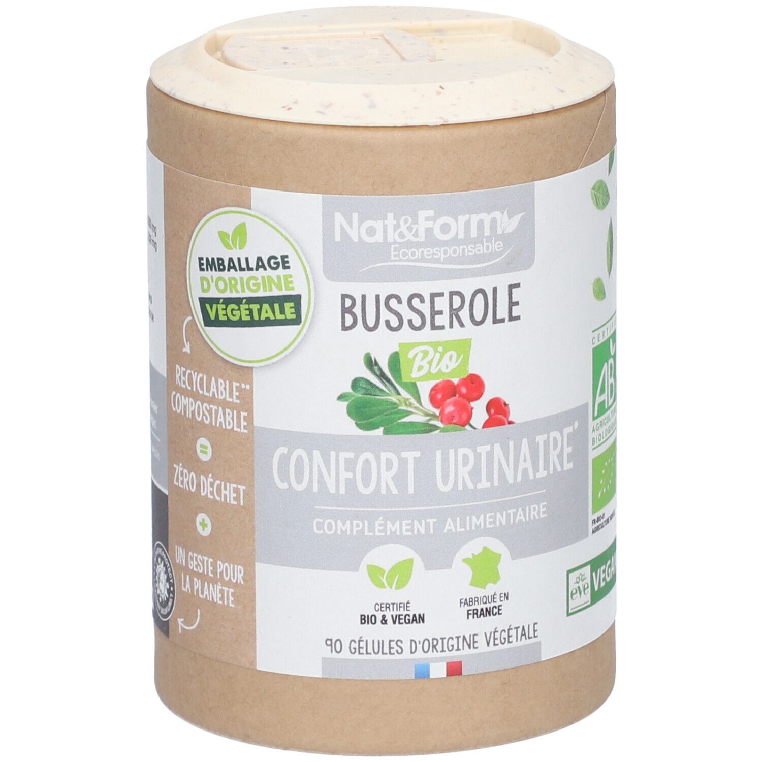Boîte cylindrique avec couvercle. Inscription: Busserole Bio, Confort Urinaire, 90 gélules. Certifications Bio et Vegan.