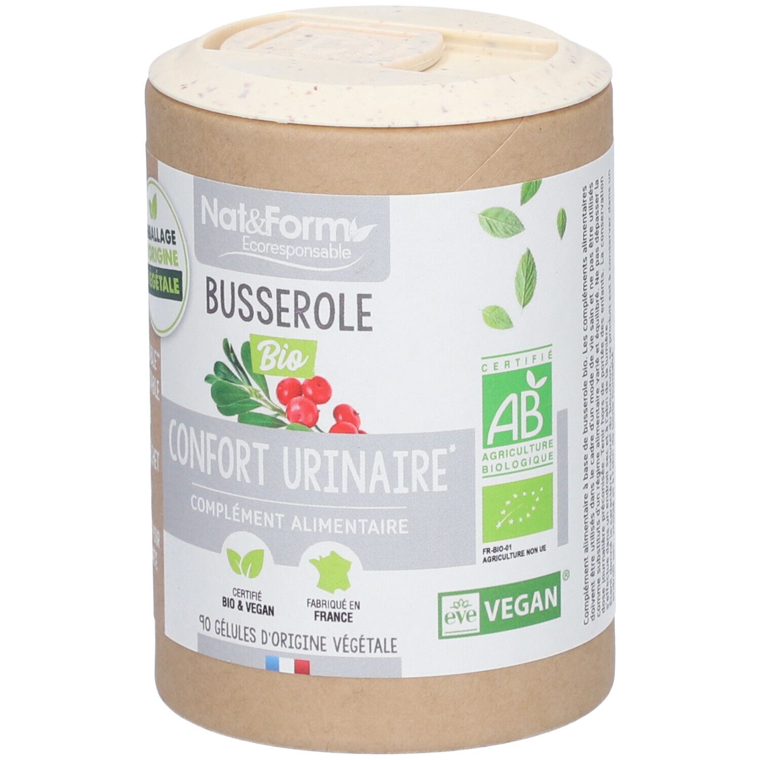 Boîte cylindrique avec couvercle. Inscription: Busserole Bio, Confort Urinaire, 90 gélules. Certifications Bio et Vegan.