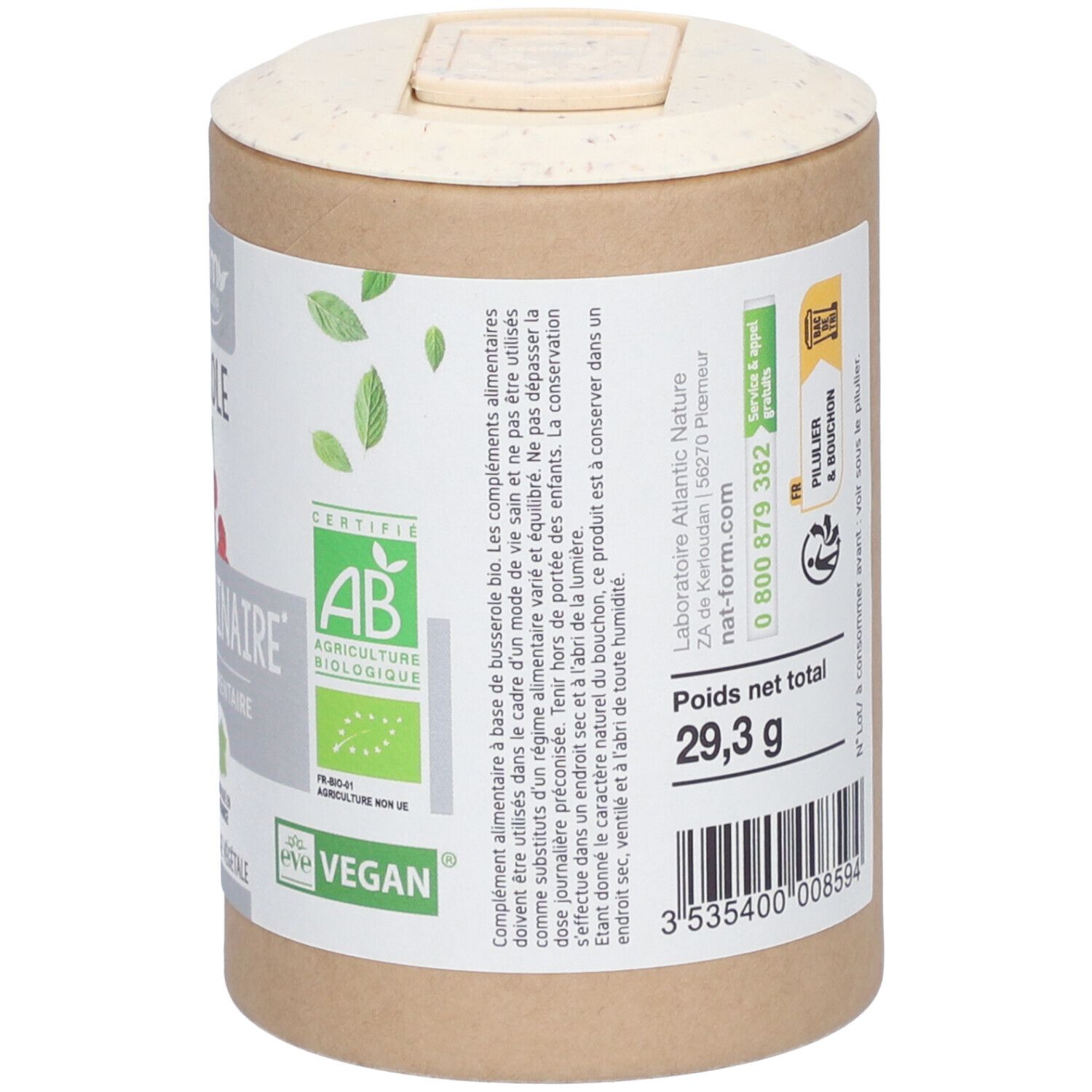 Dos de la boîte. Ingrédients, mode d'emploi, avertissements. Poids 29,3 g. Certifications Bio et Vegan.