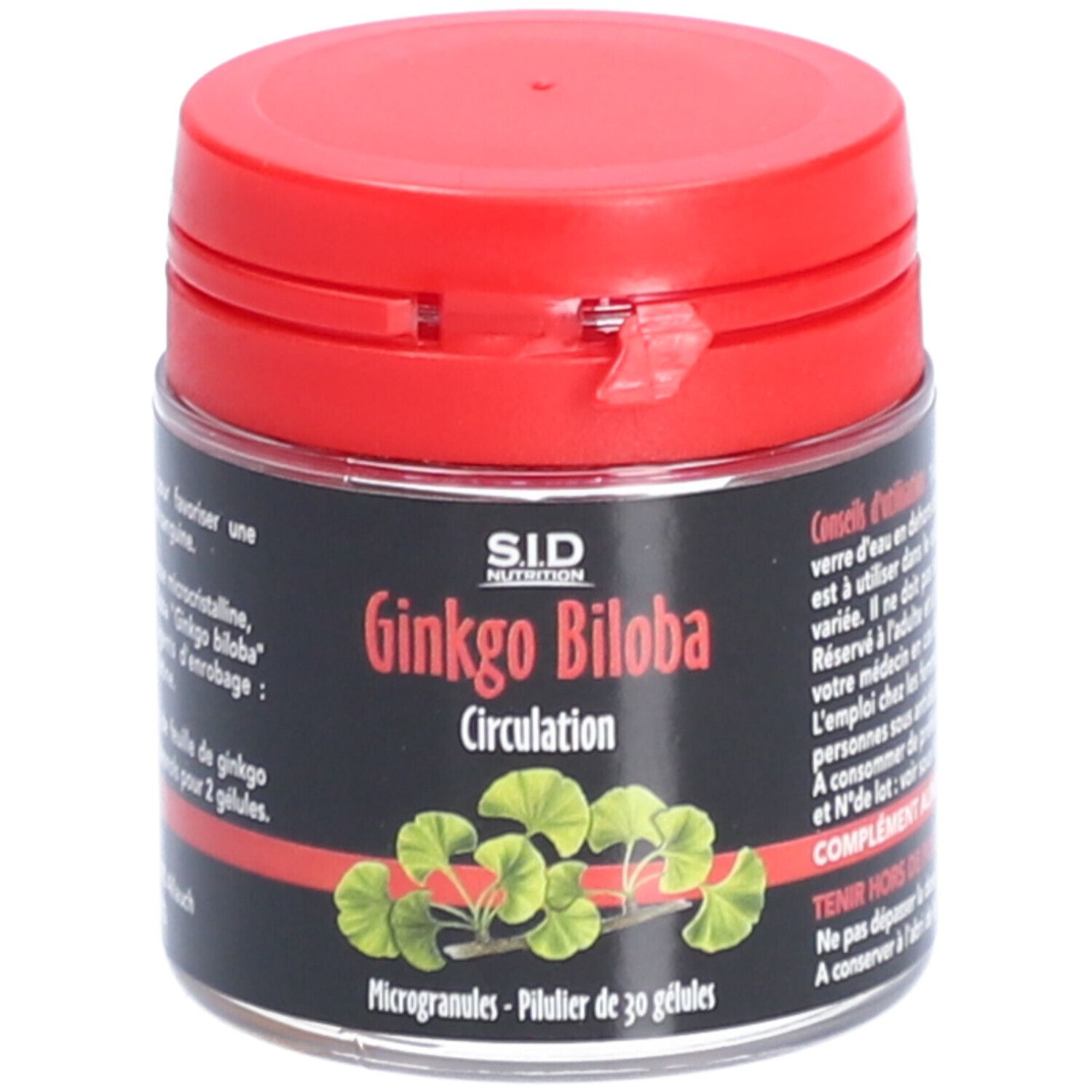 Flacon de gélules Ginkgo Biloba, couvercle rouge. Inscription: SID Nutrition, Ginkgo Biloba Circulation.