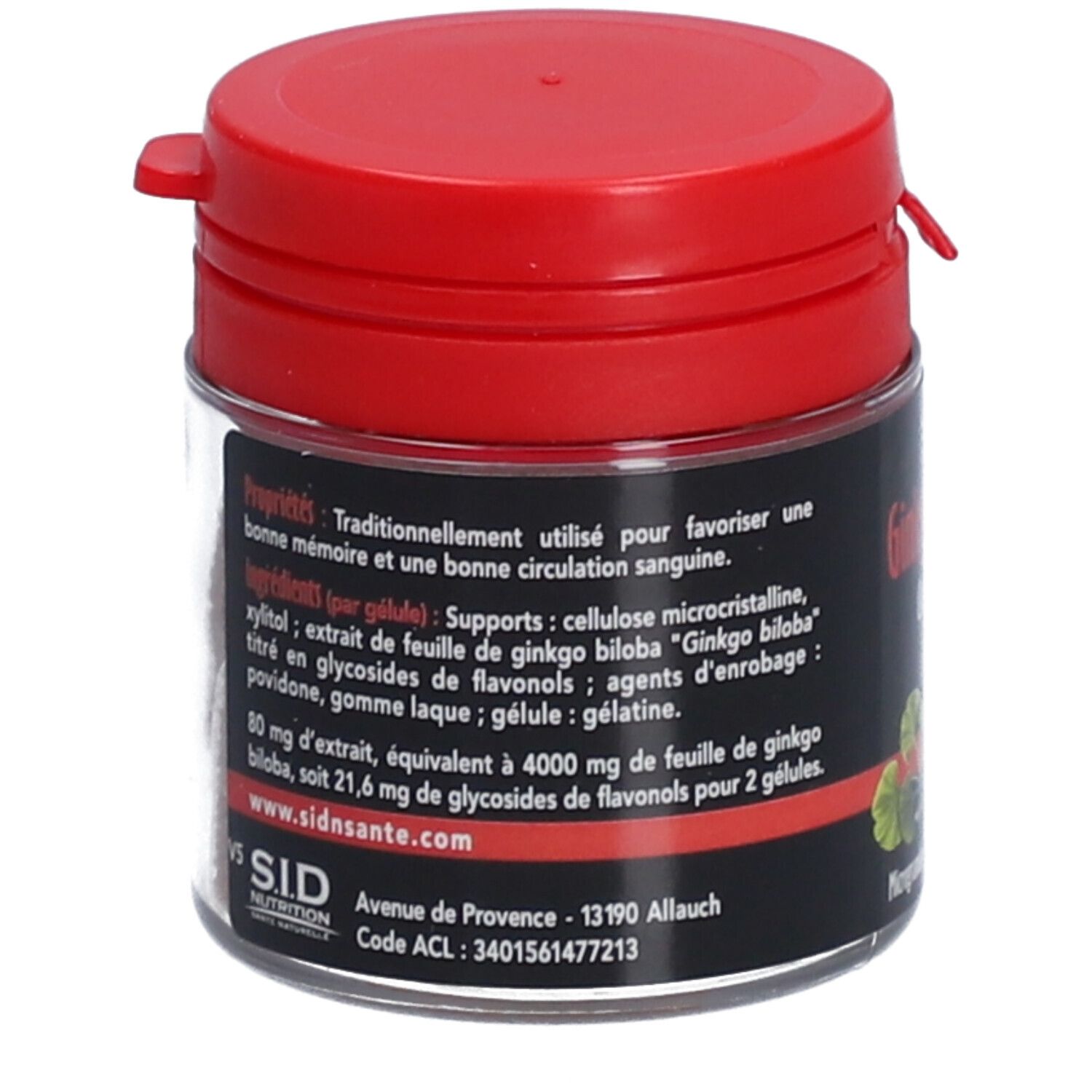 Gélules Ginkgo Biloba, détail de l'étiquette. Contient des informations sur les ingrédients et le fabricant.