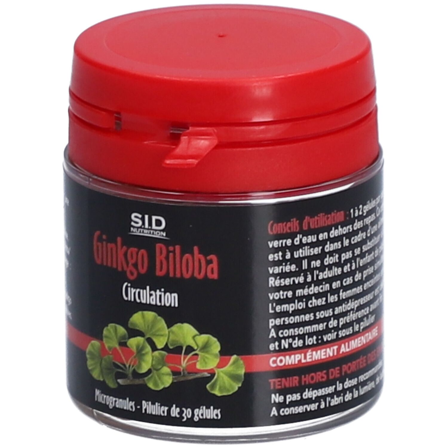 Flacon de gélules Ginkgo Biloba, couvercle rouge. Inscription: SID Nutrition, Ginkgo Biloba Circulation.