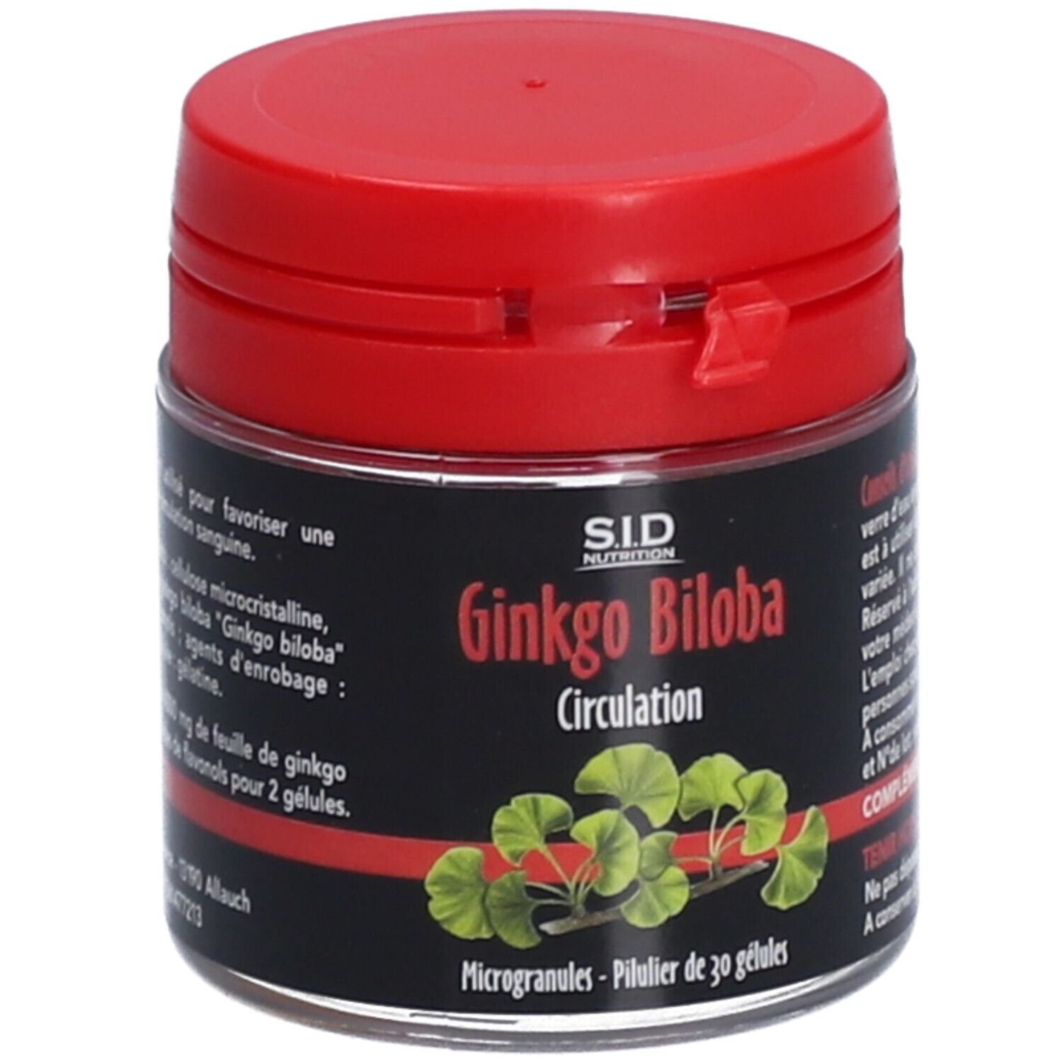 Flacon de gélules Ginkgo Biloba, couvercle rouge. Inscription: SID Nutrition, Ginkgo Biloba Circulation.