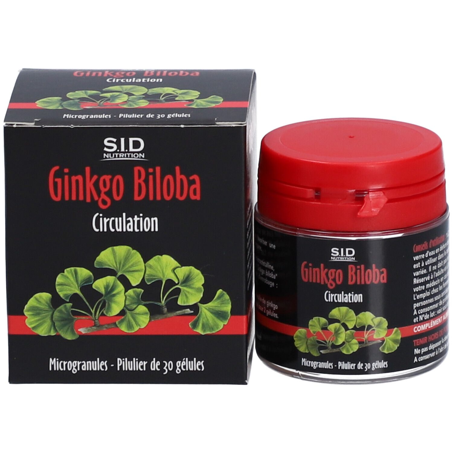 Gélules Ginkgo Biloba et emballage. Inscription: SID Nutrition, Ginkgo Biloba Circulation.