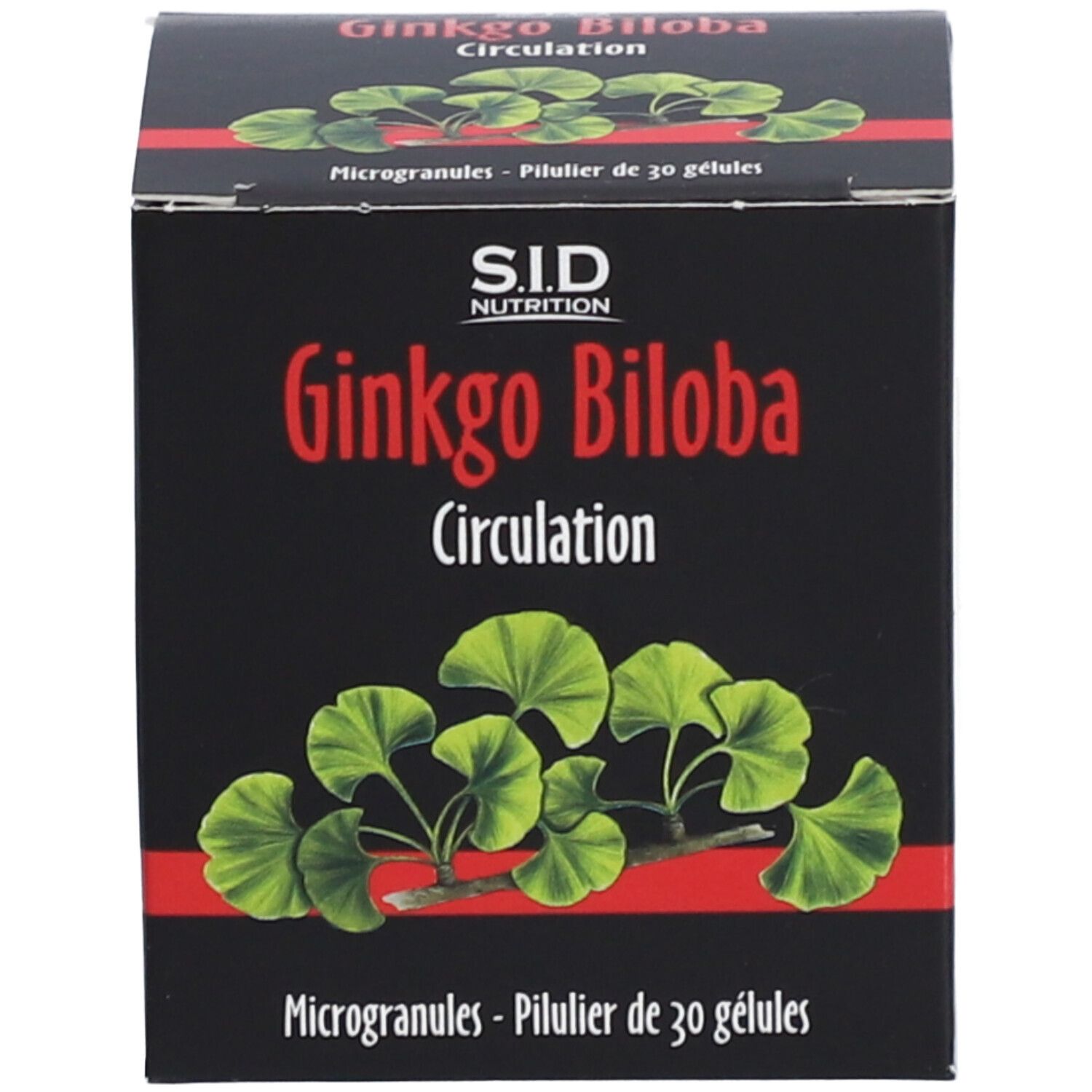Emballage des gélules Ginkgo Biloba. Inscription: SID Nutrition, Ginkgo Biloba Circulation.
