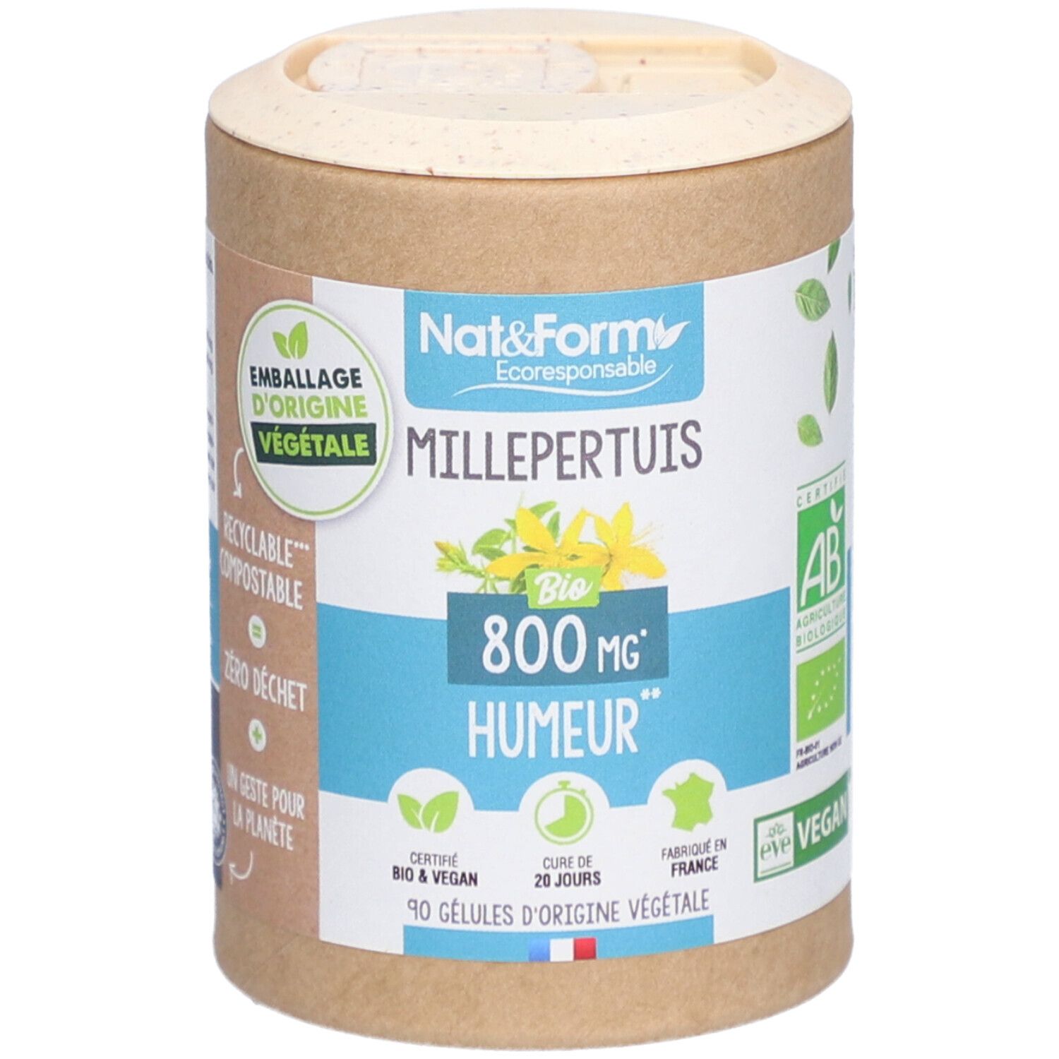 Zylindrische Dose mit Aufschrift Millepertuis Bio, 800 mg, Humor. Zertifiziert Bio & Vegan. 90 Kapseln.