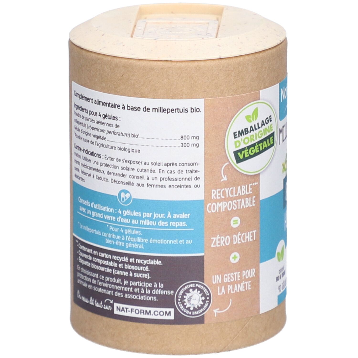 Rückseite der zylindrischen Dose mit Inhaltsstoffen und Gebrauchsanweisung. Verpackung aus pflanzlichem Ursprung, recycelbar, kompostierbar.