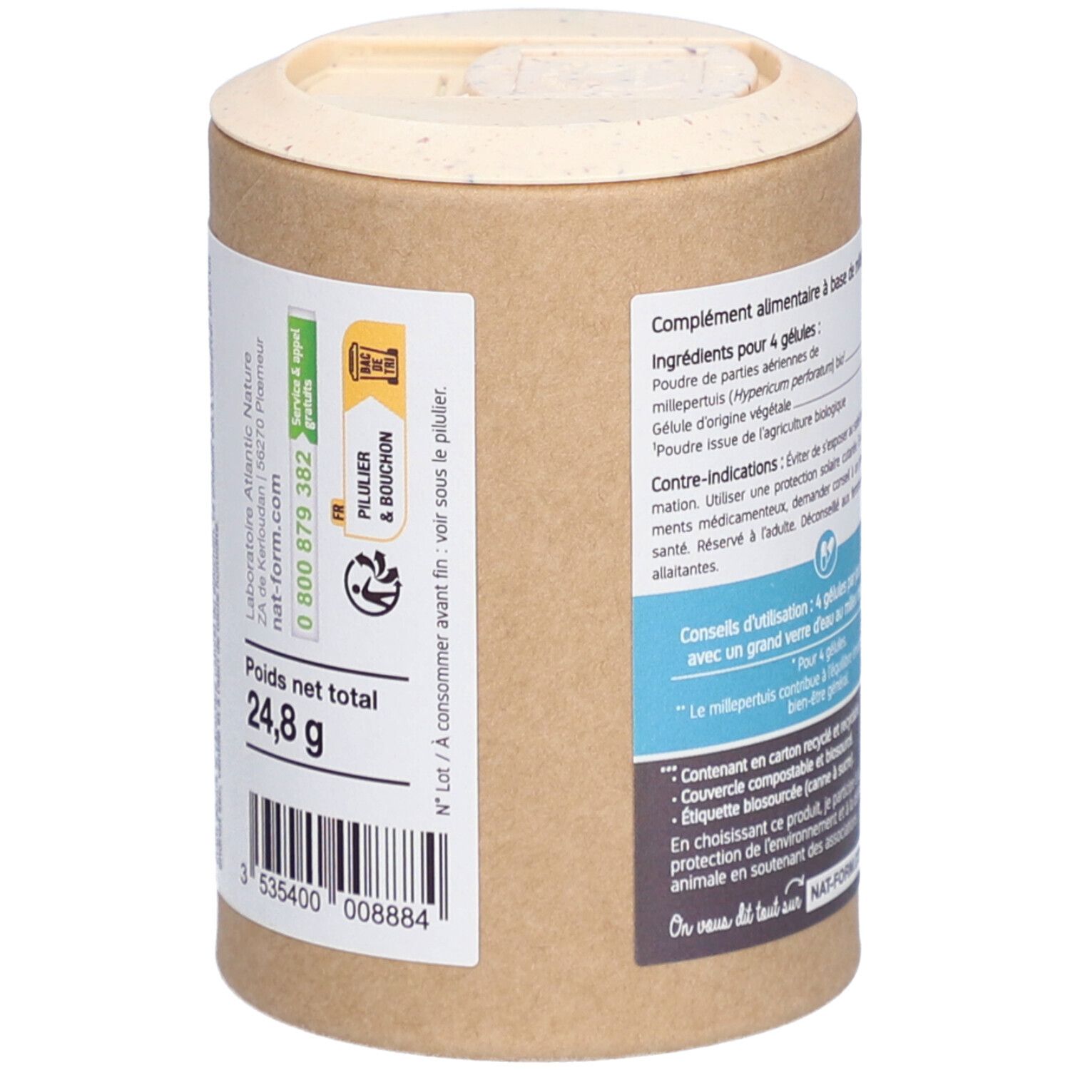 Zylindrische Dose, Seitenansicht mit Inhaltsstoffen und Gewicht: 24,8 g. Deckel mit Aufschrift 'Pillier & Bouchon'.