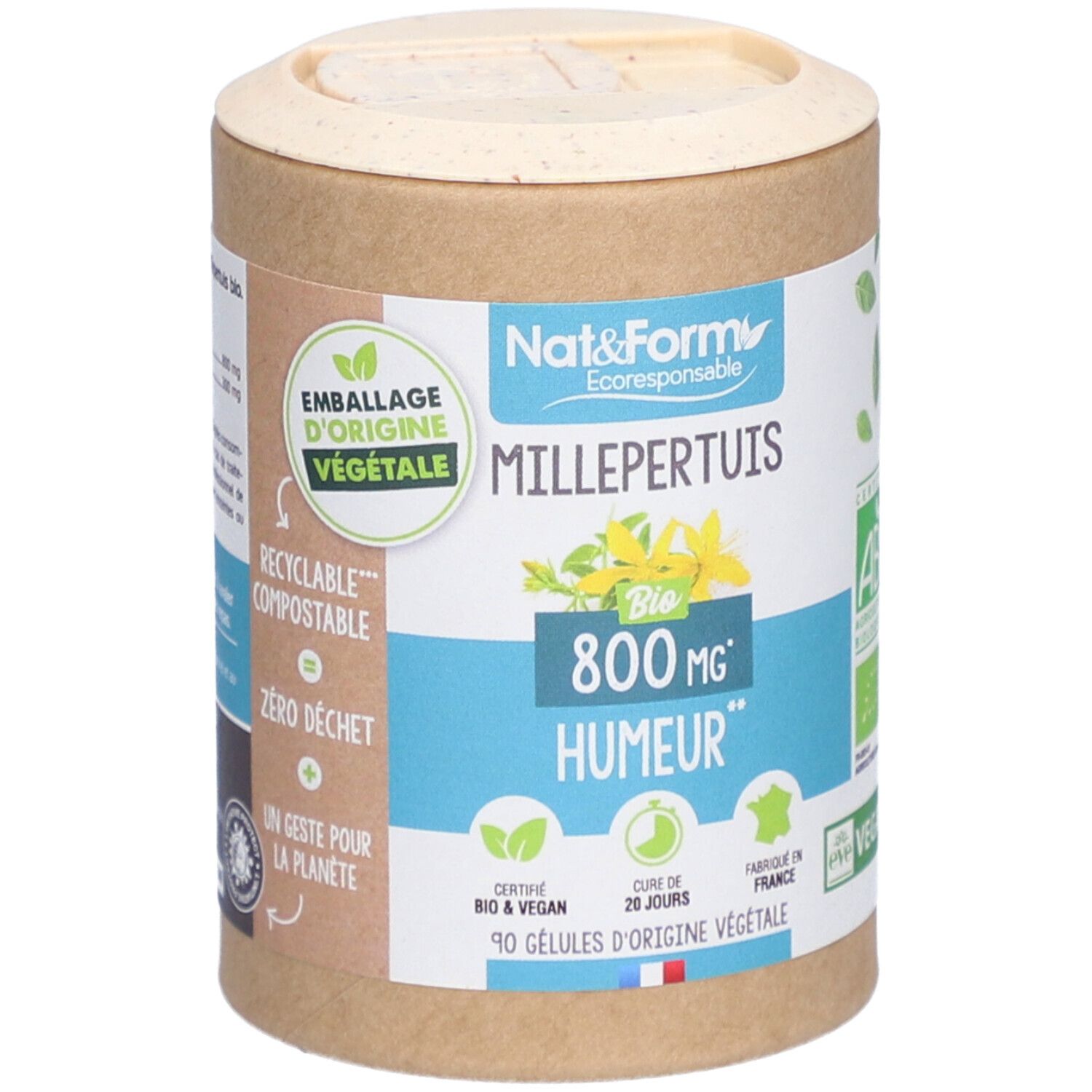 Zylindrische Dose mit Aufschrift Millepertuis Bio, 800 mg, Humor. Zertifiziert Bio & Vegan. 90 Kapseln. Deckel geschlossen.