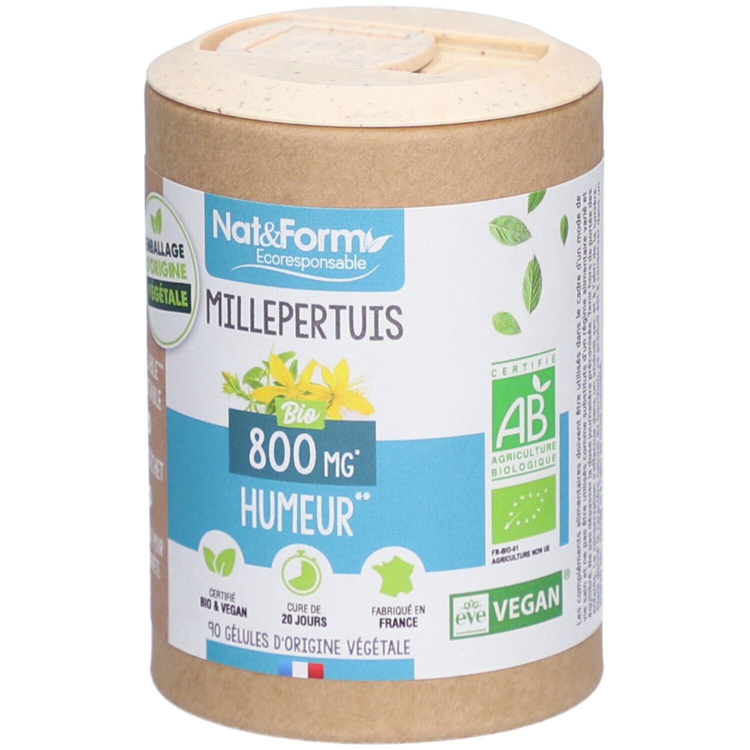 Zylindrische Dose mit Aufschrift Millepertuis Bio, 800 mg, Humor. Zertifiziert Bio & Vegan. 90 Kapseln. Deckel geschlossen.