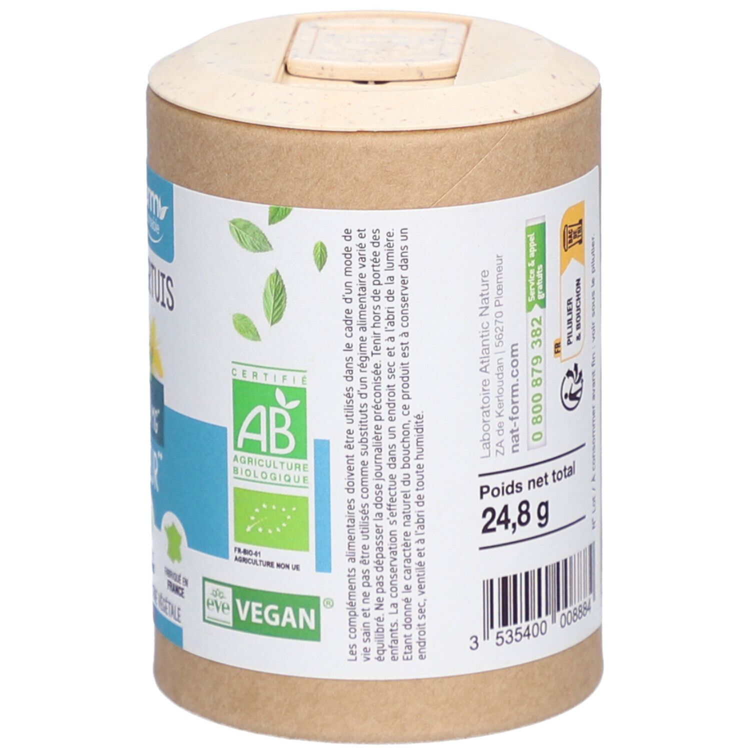 Zylindrische Dose, Seitenansicht mit Inhaltsstoffen und Gewicht: 24,8 g. Zertifizierungen Bio & Vegan. Deckel geschlossen.