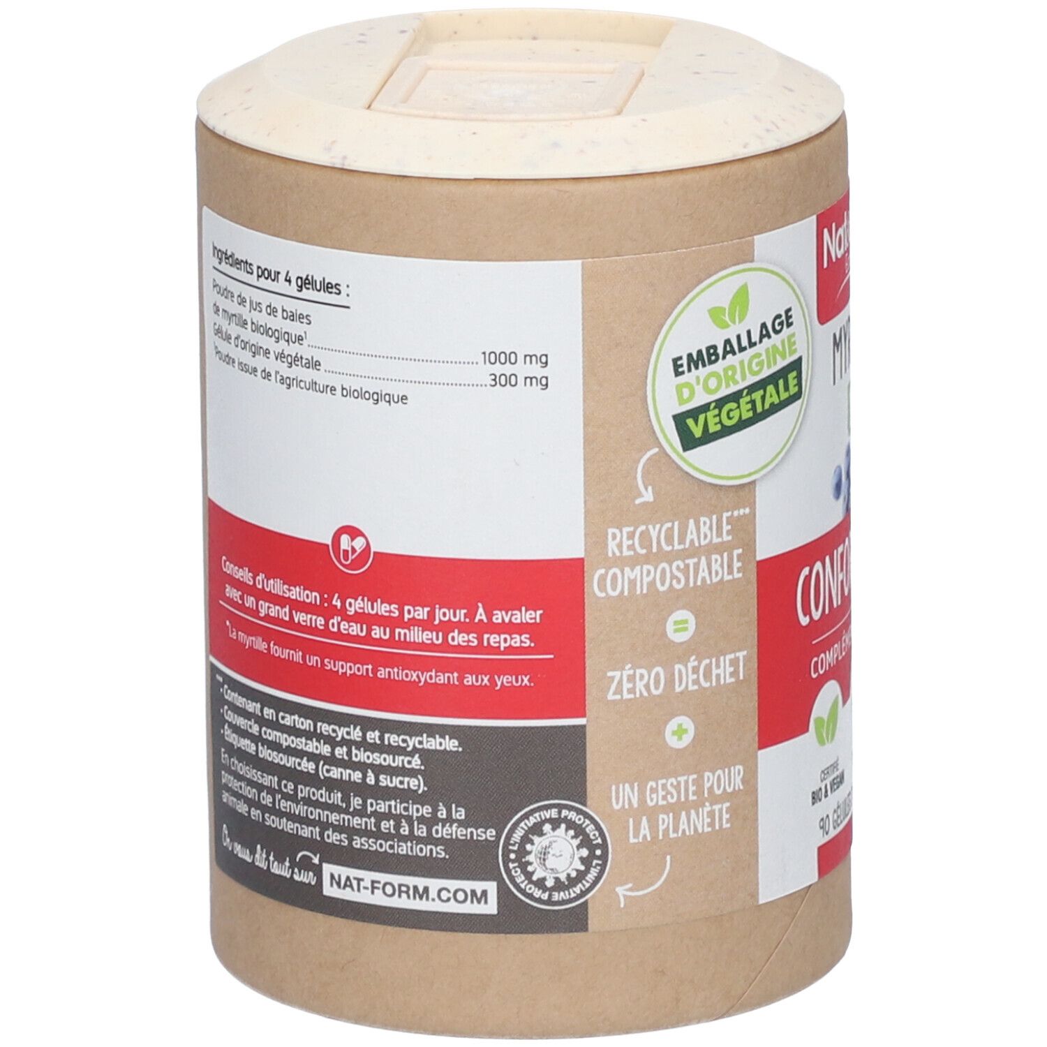 Dos de la boîte. Liste des ingrédients, conseils d'utilisation. Inscription : Recyclable, compostable, zéro déchet. Logo : Nat-Form.