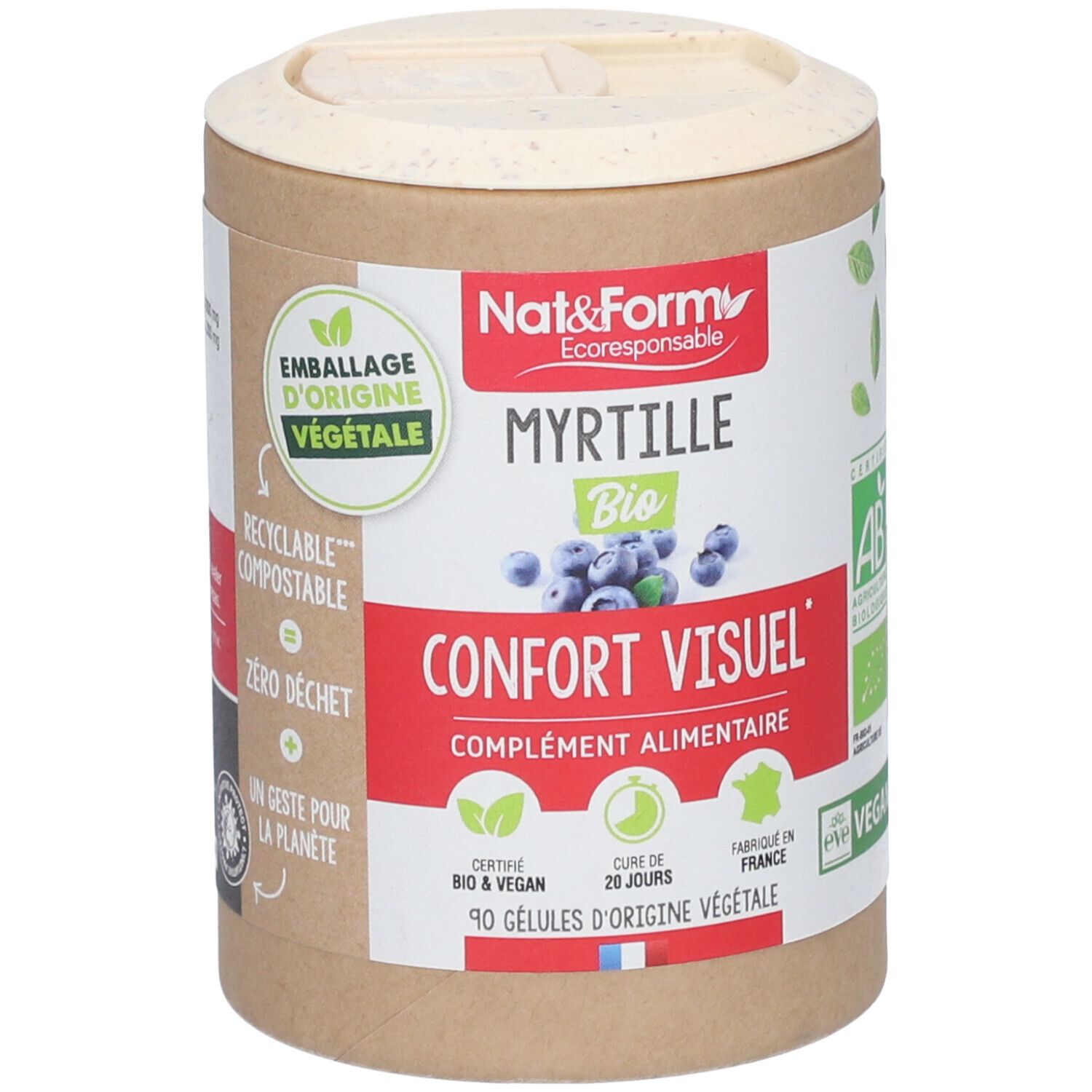 Boîte cylindrique avec couvercle. Inscription : Nat&Form, Myrtille Bio, Confort Visuel, 90 gélules. Certifications : AB, Vegan.