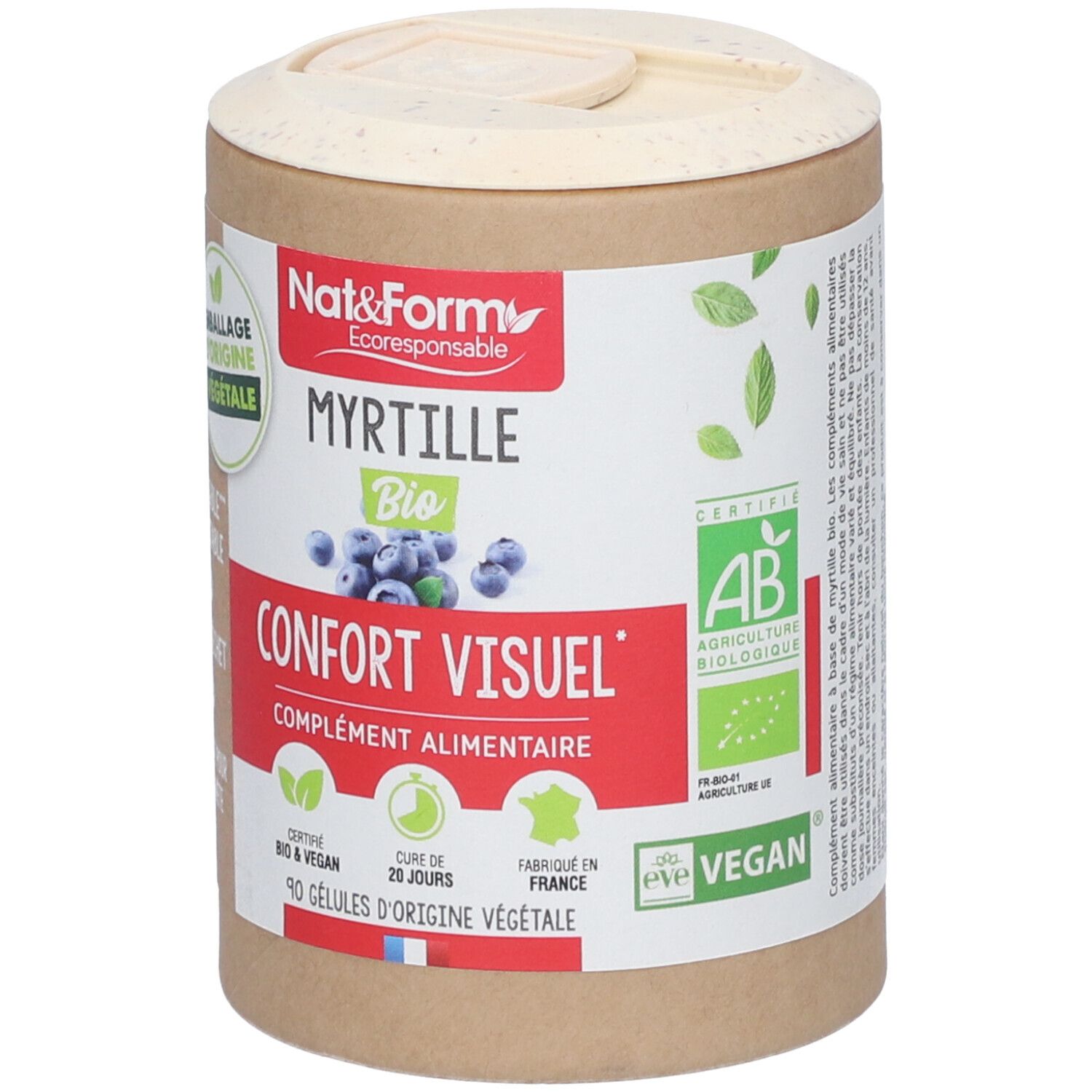 Boîte cylindrique avec couvercle. Inscription : Nat&Form, Myrtille Bio, Confort Visuel, 90 gélules. Certifications : AB, Vegan.