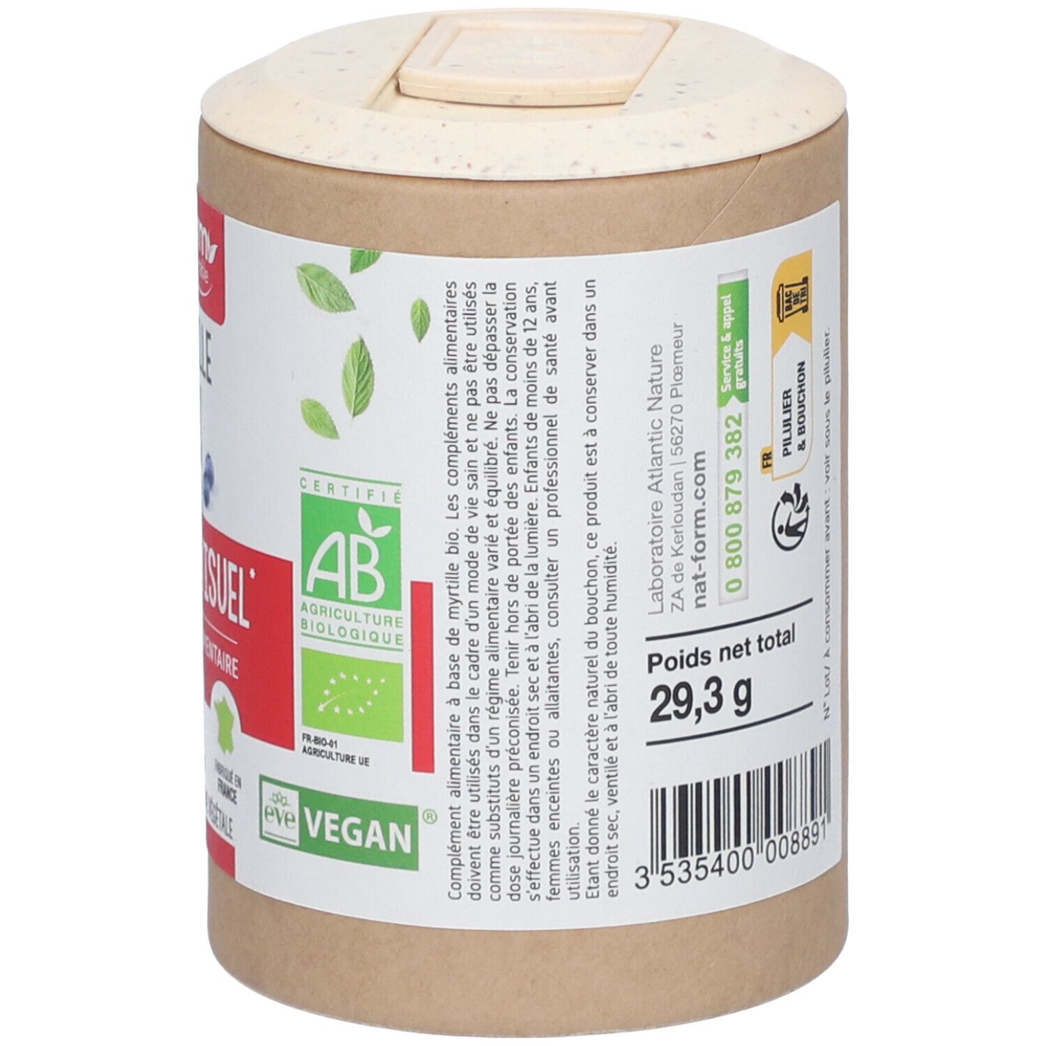 Dos de la boîte. Inscription : Poids net 29,3 g. Informations sur les ingrédients et l'utilisation. Certifications : AB, Vegan.