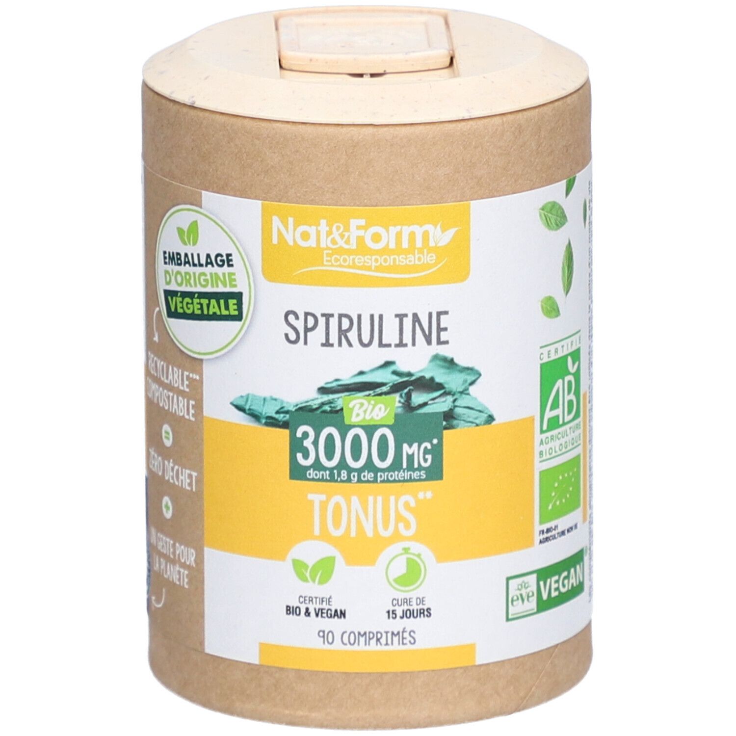 Boîte cylindrique Spiruline Bio. Inscription : 3000 mg, 90 comprimés. Vegan, certification AB. Couvercle avec fermeture.